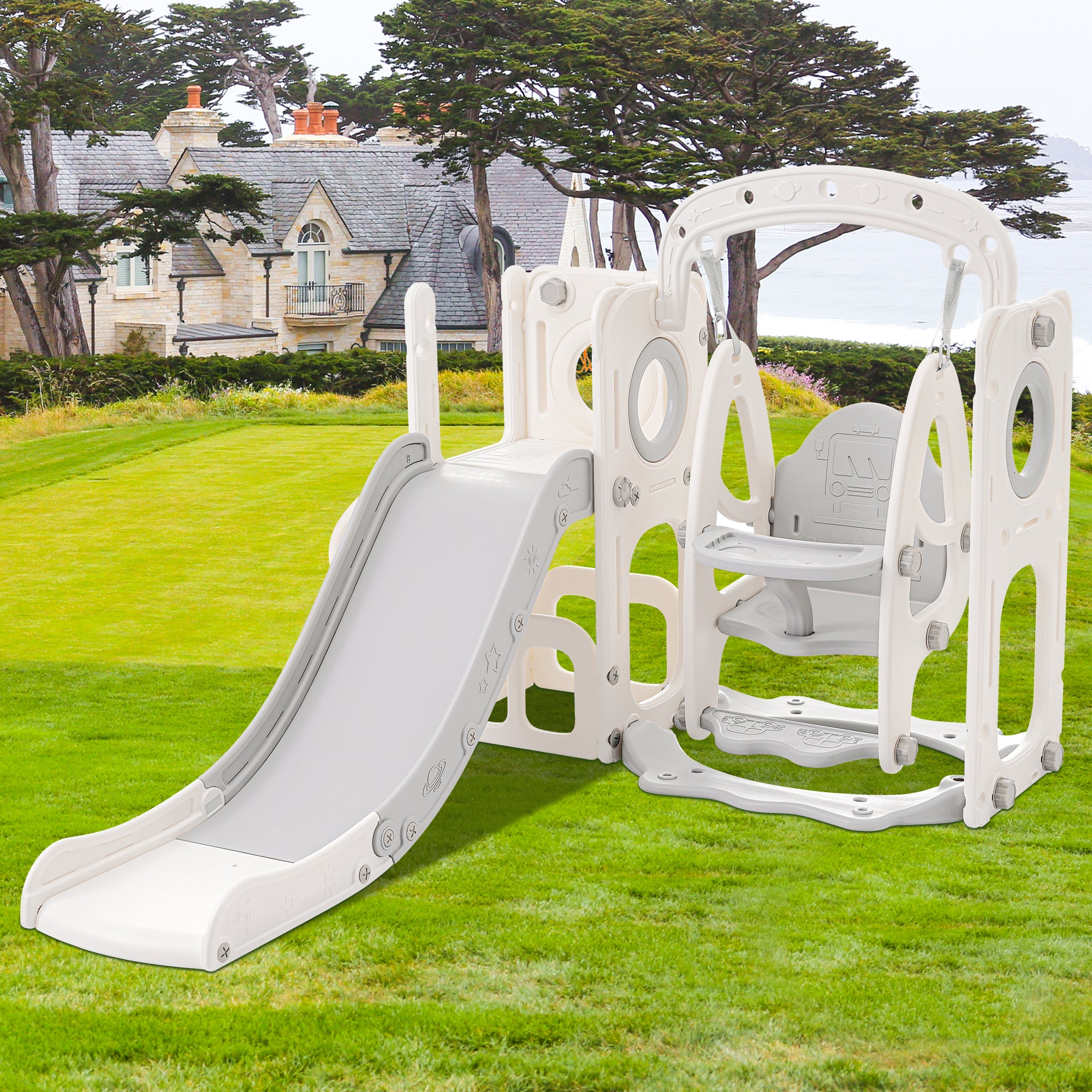 5-in-1 children's slide with swing, base cabinet, basketball hoop, and stairs - HDPE