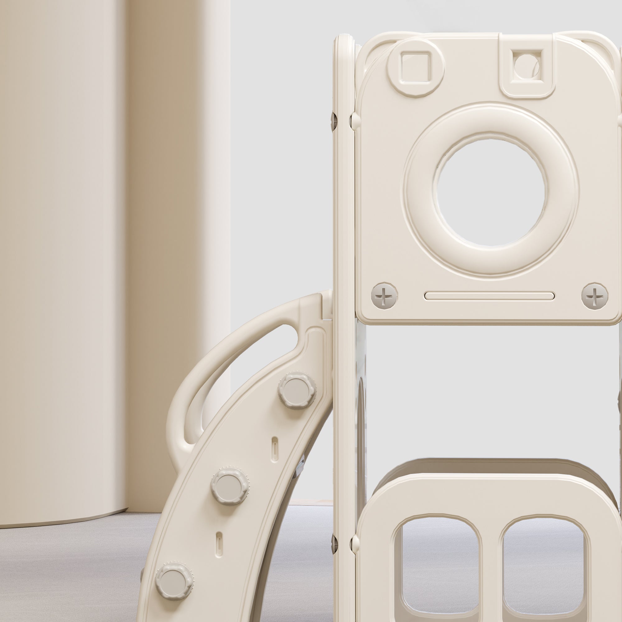 Bears Kids 6-in-1 Slide, one slide, two platforms, two floor cabinets, basketball hoop and stairs, high-density polyethylene