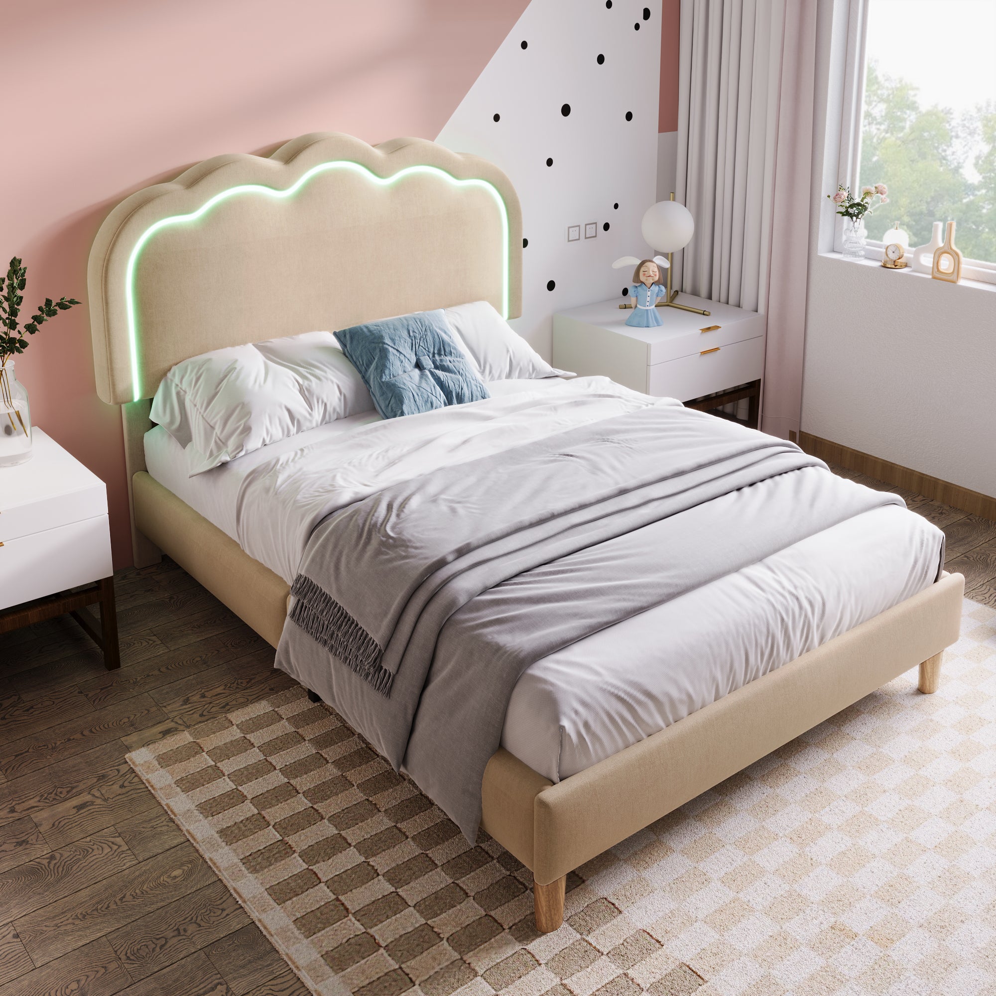 Upholstered Bed, LED single bed 90x200cm with slatted frame and adjustable headboard, beige linen
