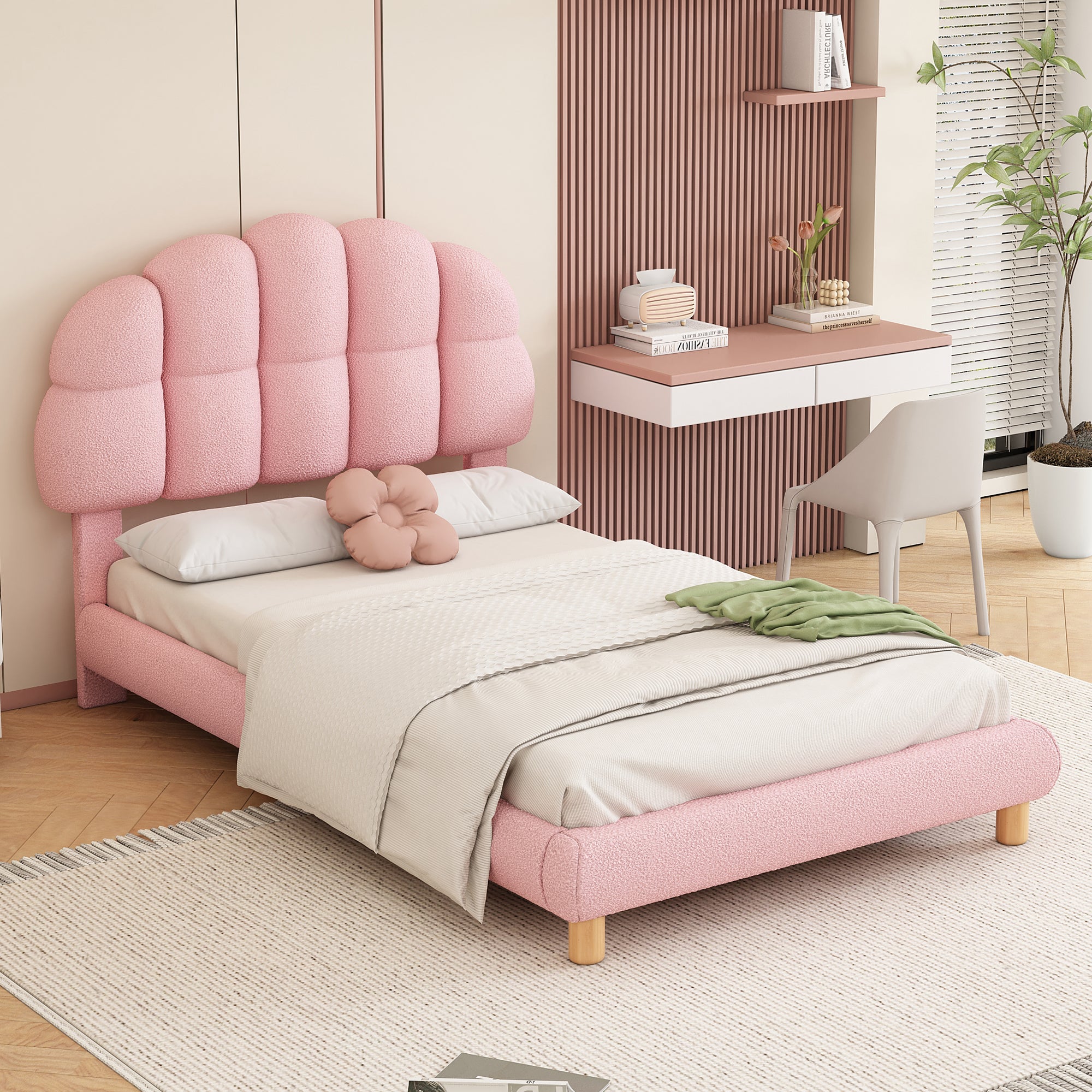 Upholstered Single Bed 90x200cm Wooden Slatted Frame - Imitation Fleece Pink