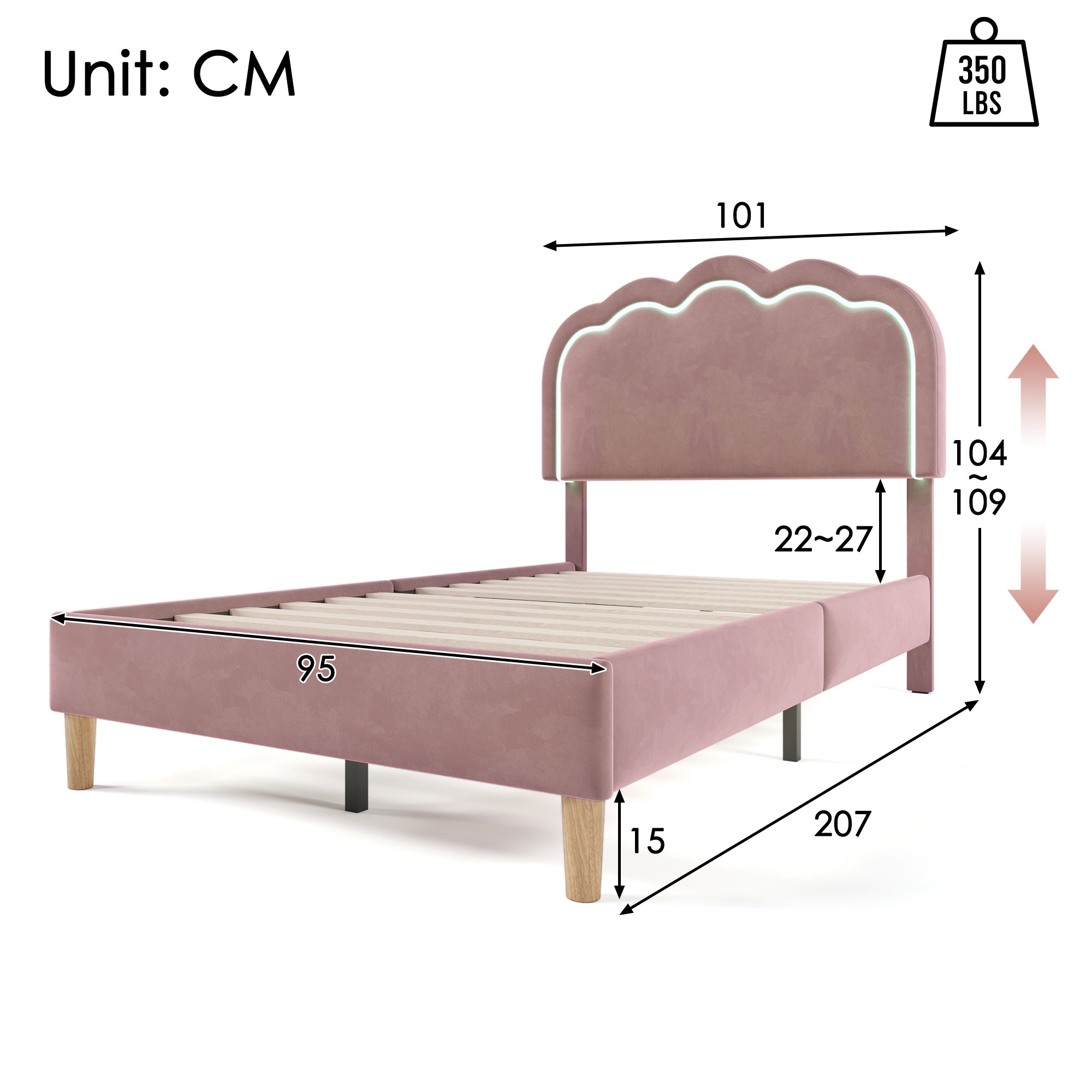 Upholstered Bed, LED Single, Adjustable Headboard, Pink Velvet