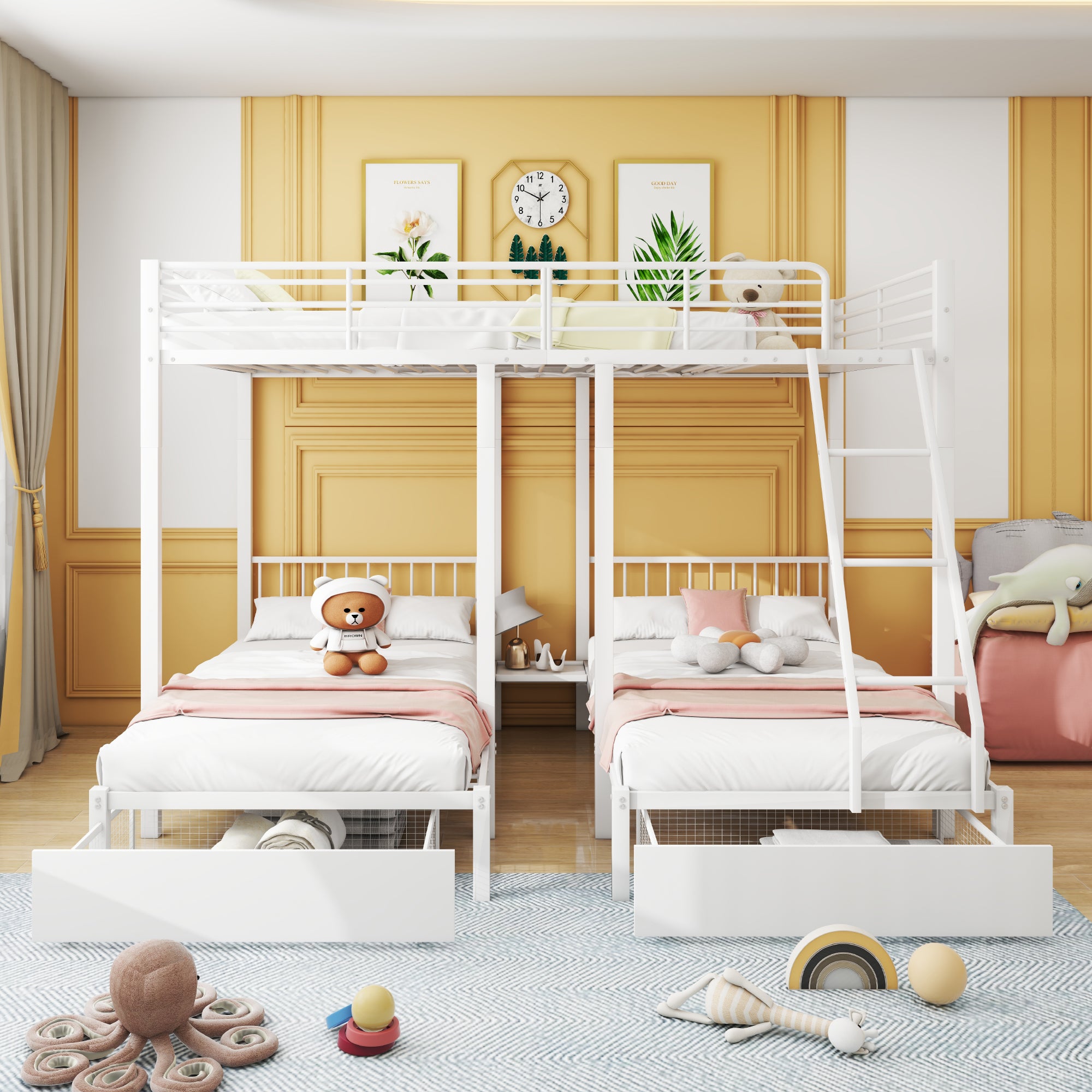 Triple Bunk Bed, Drawers, Convertible to Double & Two Single Beds, Metal Frame, White