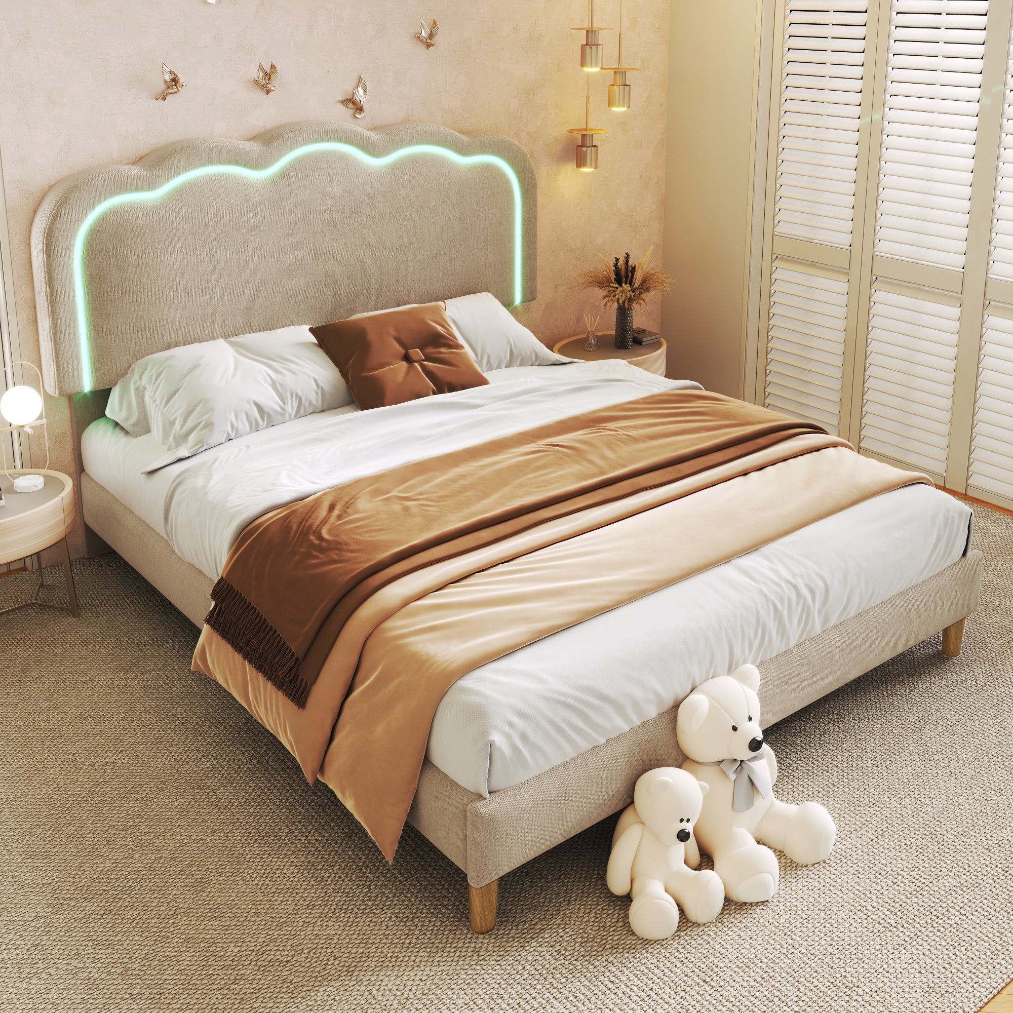 Upholstered Bed, 140x200cm LED Double with Adjustable Headboard, Beige Linen