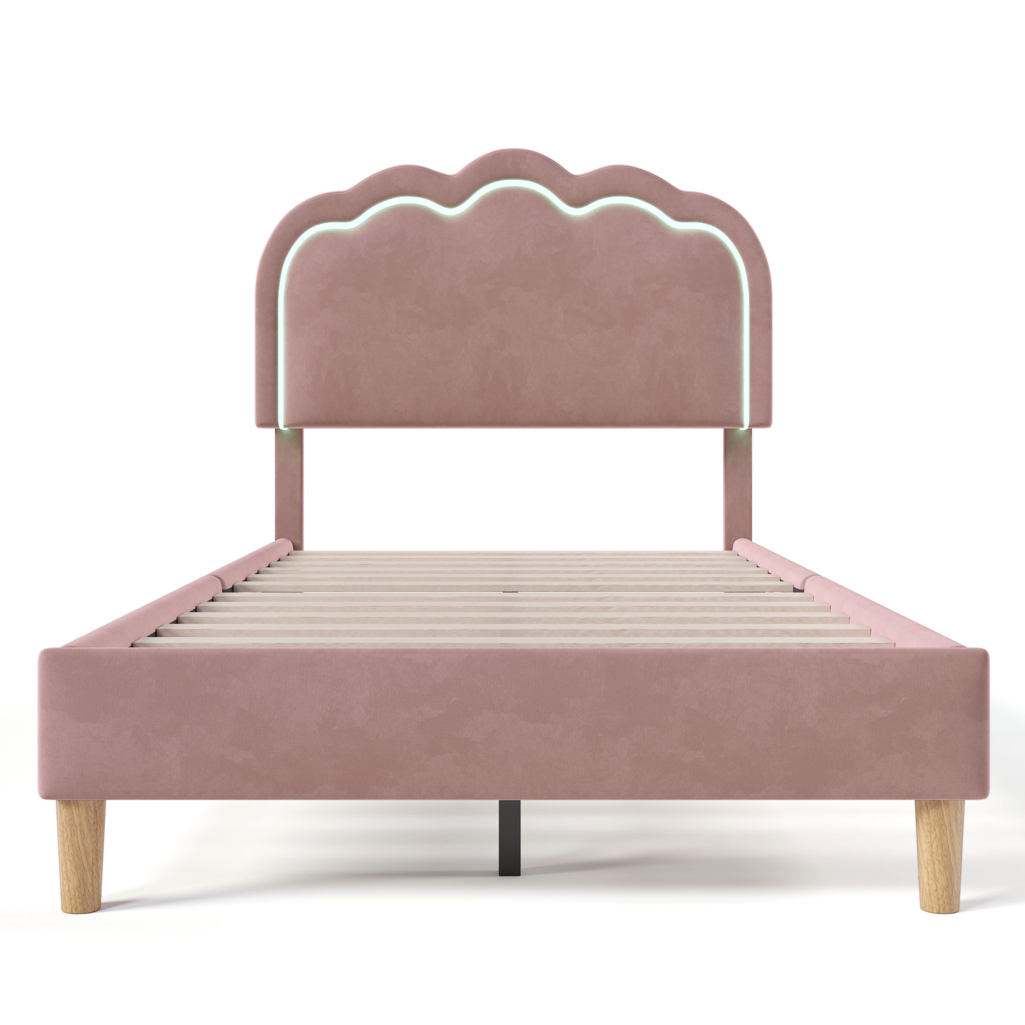 Upholstered Bed, LED Single, Adjustable Headboard, Pink Velvet