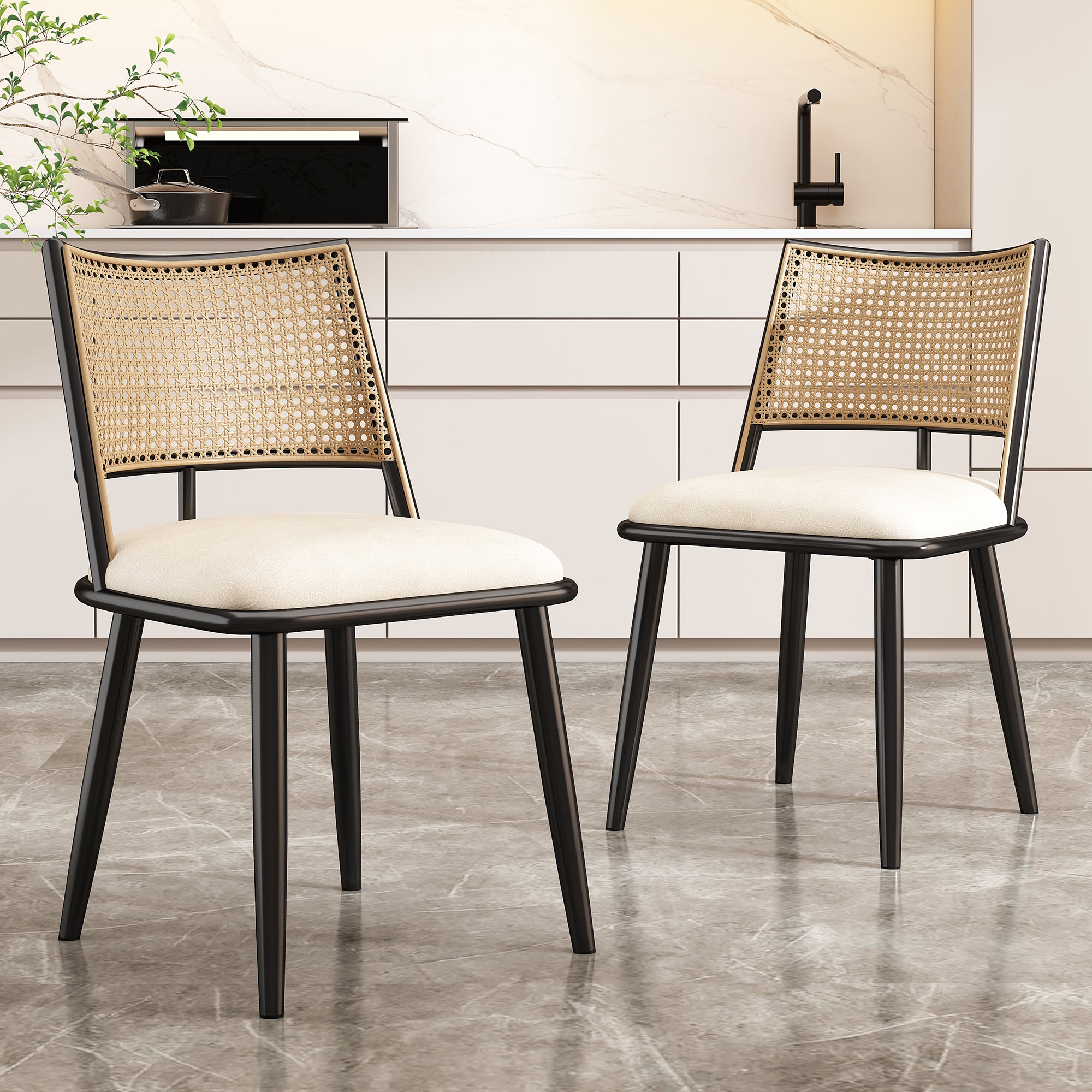 2 Dining Chairs PU Seat Rattan Backrest - Black