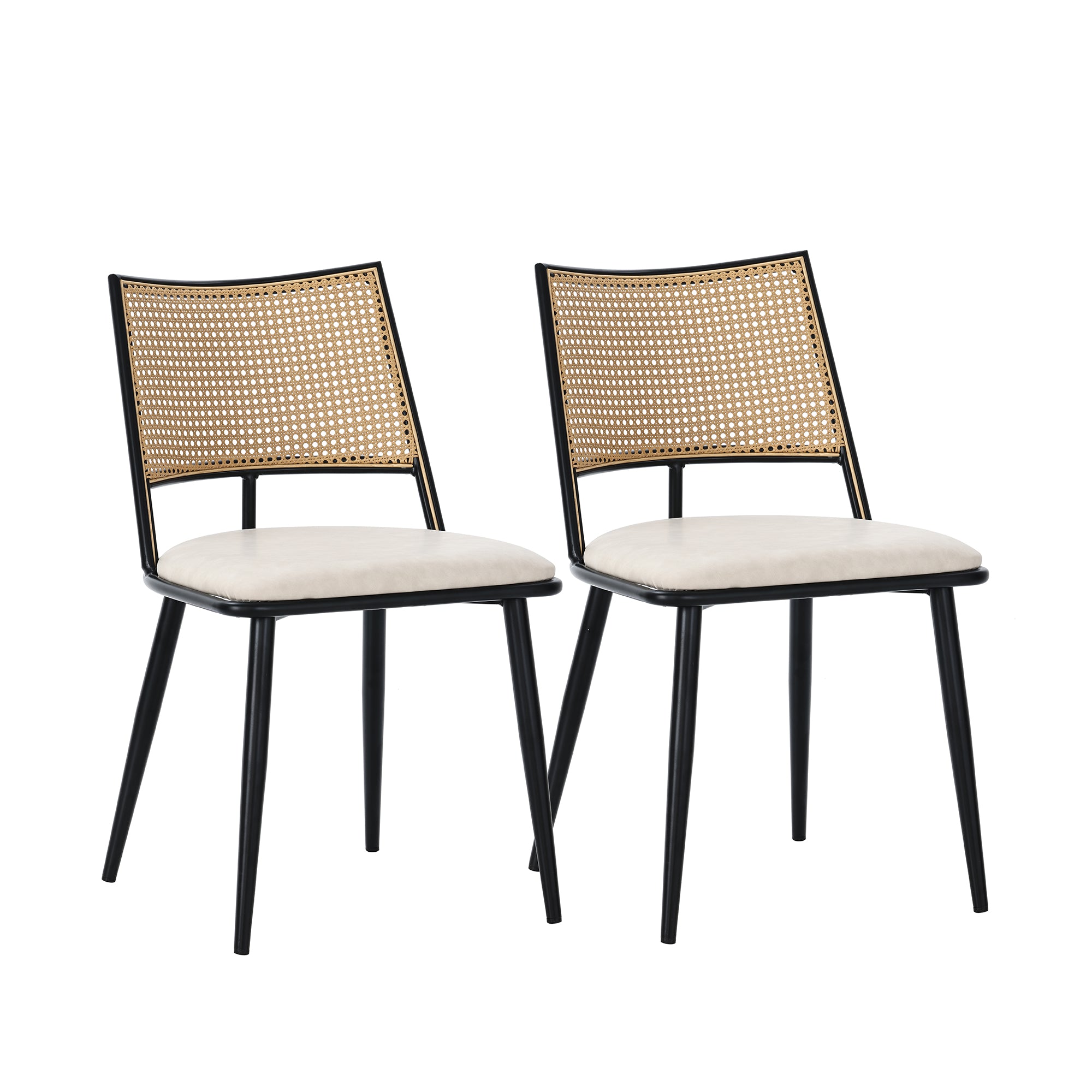 2 Dining Chairs, Rattan Backrest, PU Seat, Black