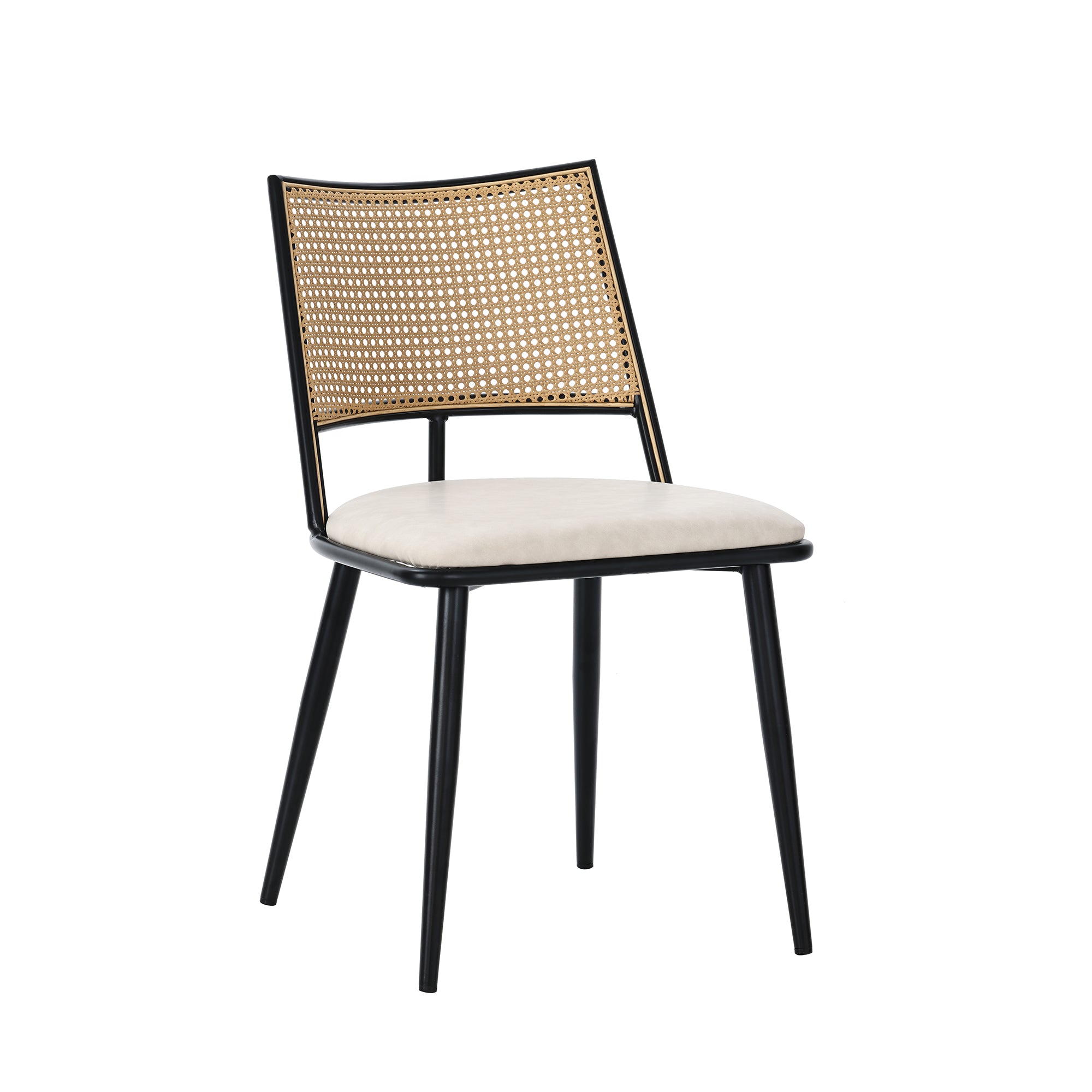 2 Dining Chairs, Rattan Backrest, PU Seat, Black