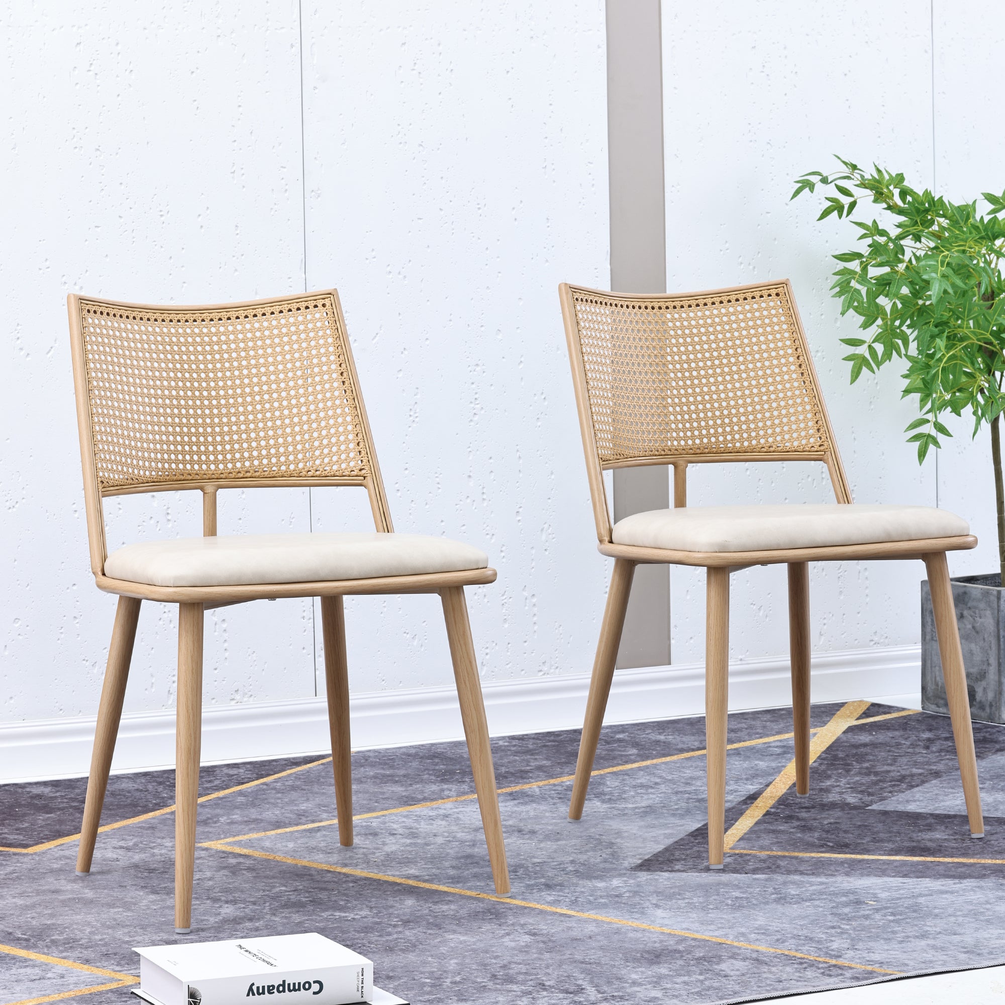 2 Dining Chairs PU Seat Rattan Backrest - Beige