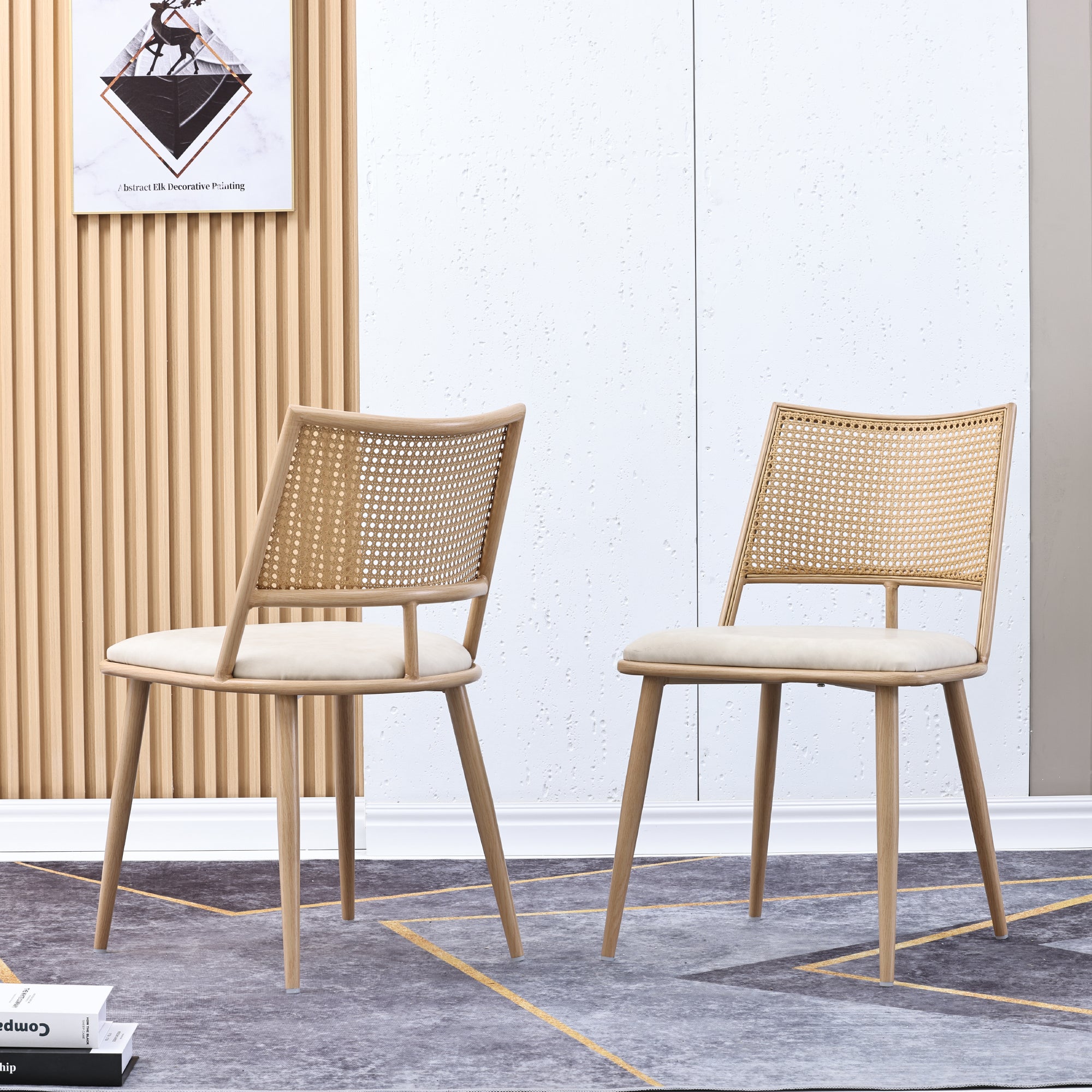 Dining Chairs Set of 2, PU Seat Rattan Backrest, Beige
