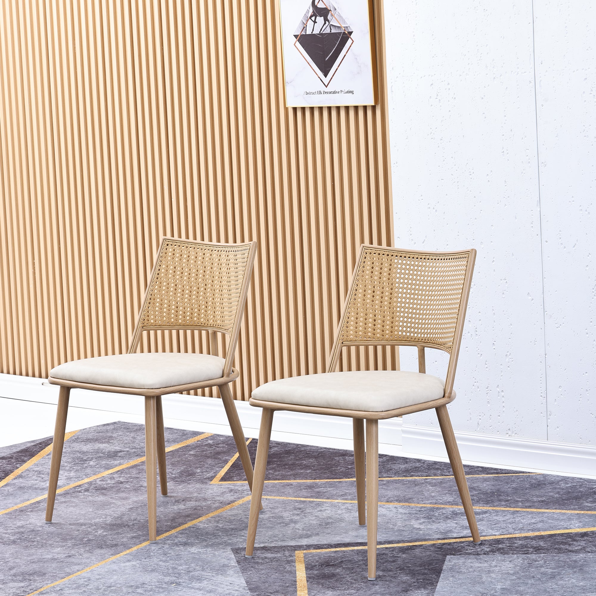 Dining Chairs Set of 2, PU Seat Rattan Backrest, Beige