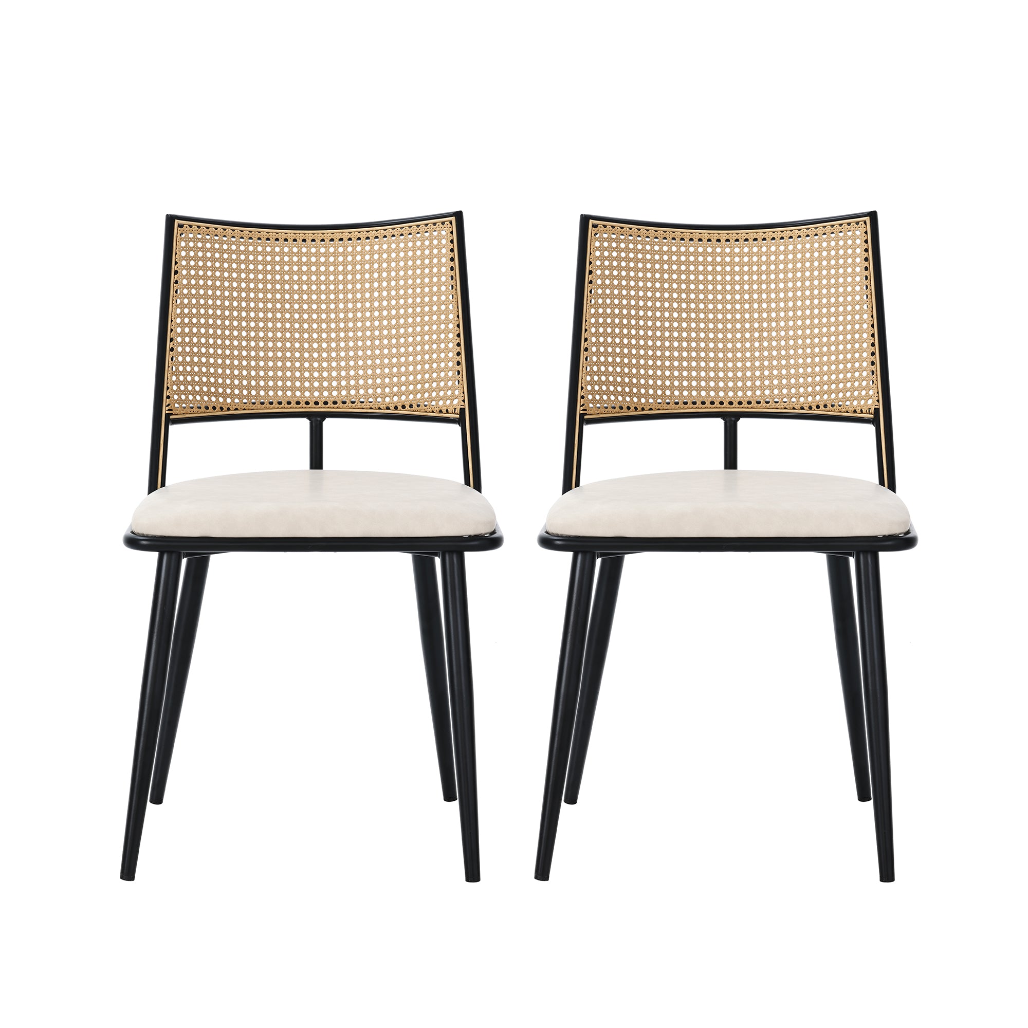 2 Dining Chairs PU Seat Rattan Backrest - Black