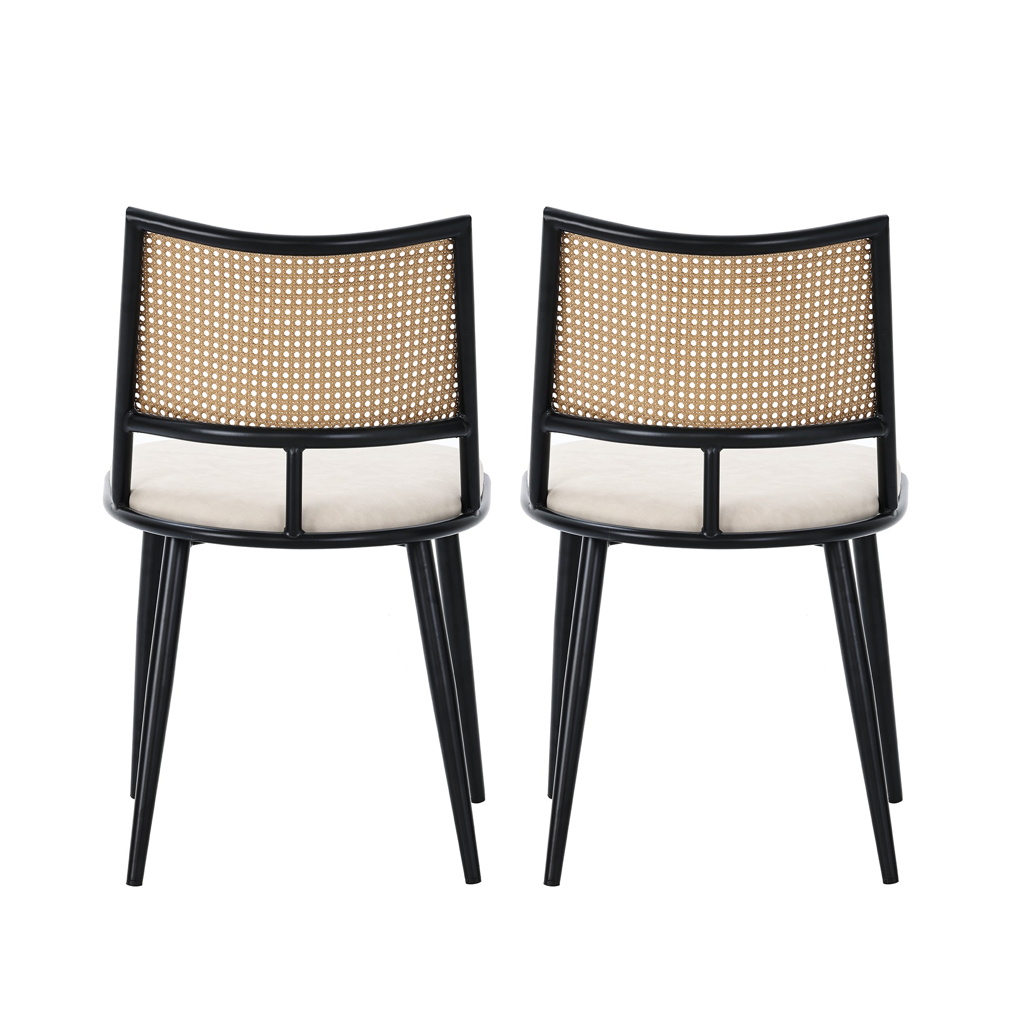 2 Dining Chairs, Rattan Backrest, PU Seat, Black