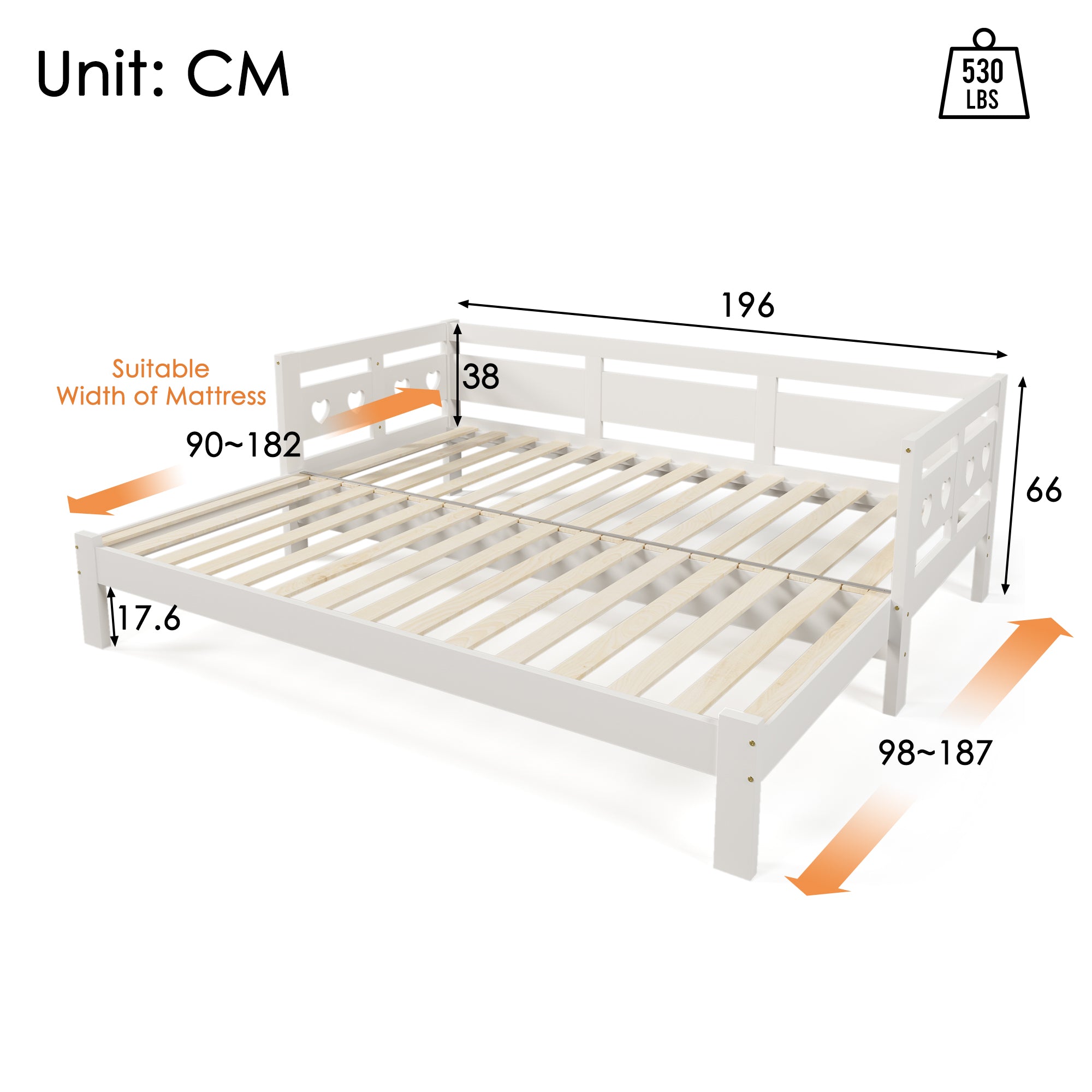 Daybed, pull-out bed, 90x190cm, solid pine, with 2nd sleeping accommodation and roll-out slatted frame, heart-shaped bed, white
