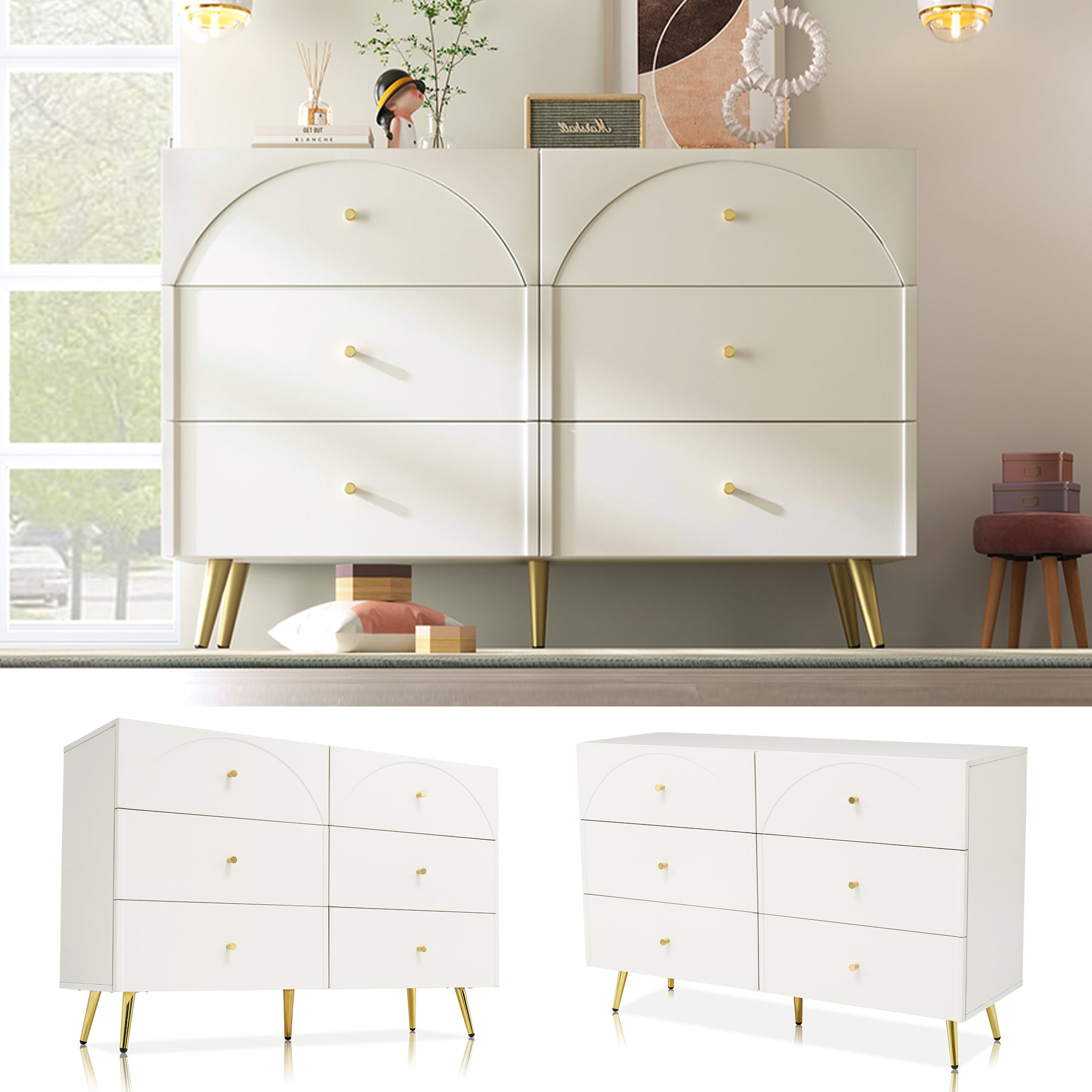 Chest of Drawers, 6-Drawer Sideboard Highboard, Cream-White