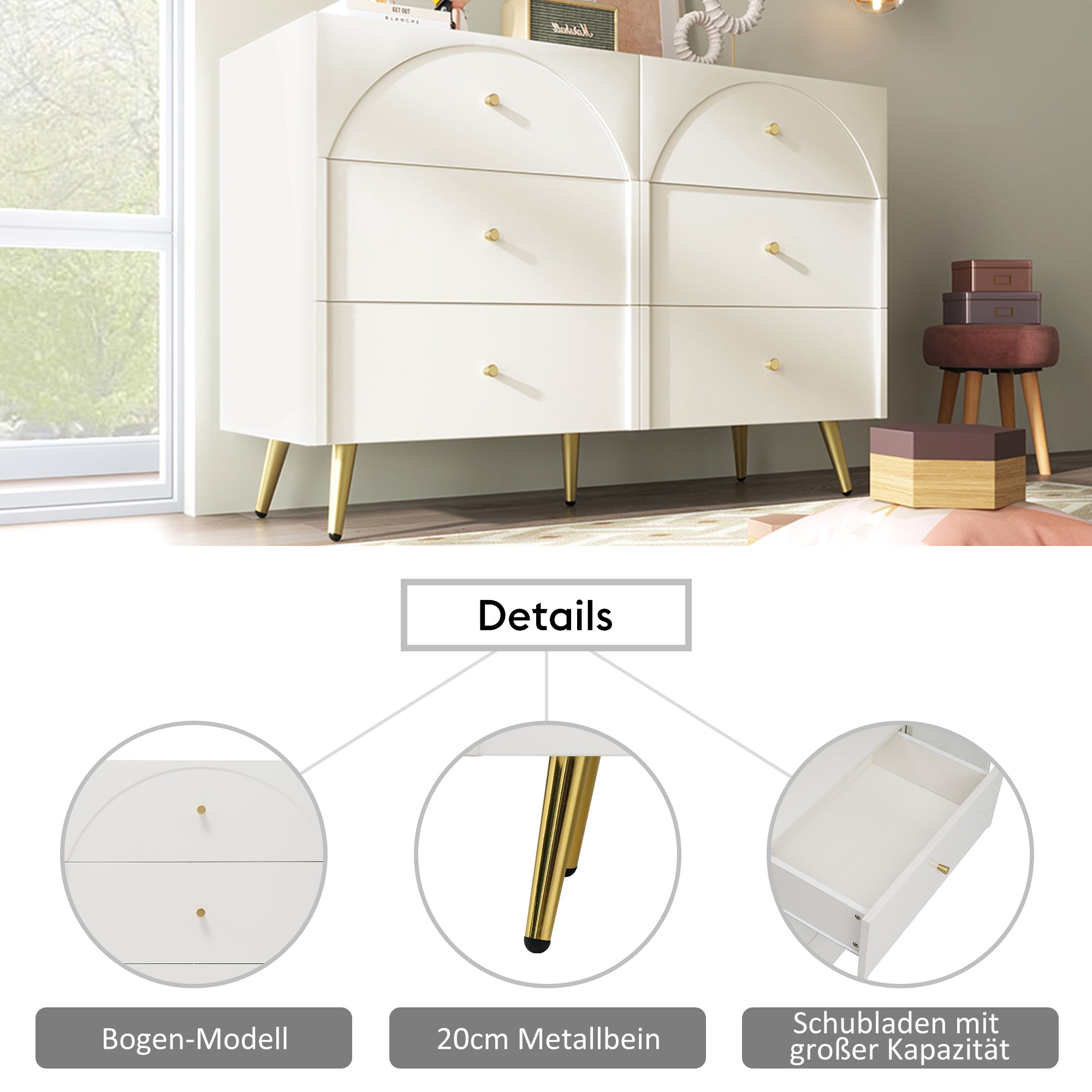 Chest of Drawers, 6-Drawer Sideboard Highboard, Cream-White