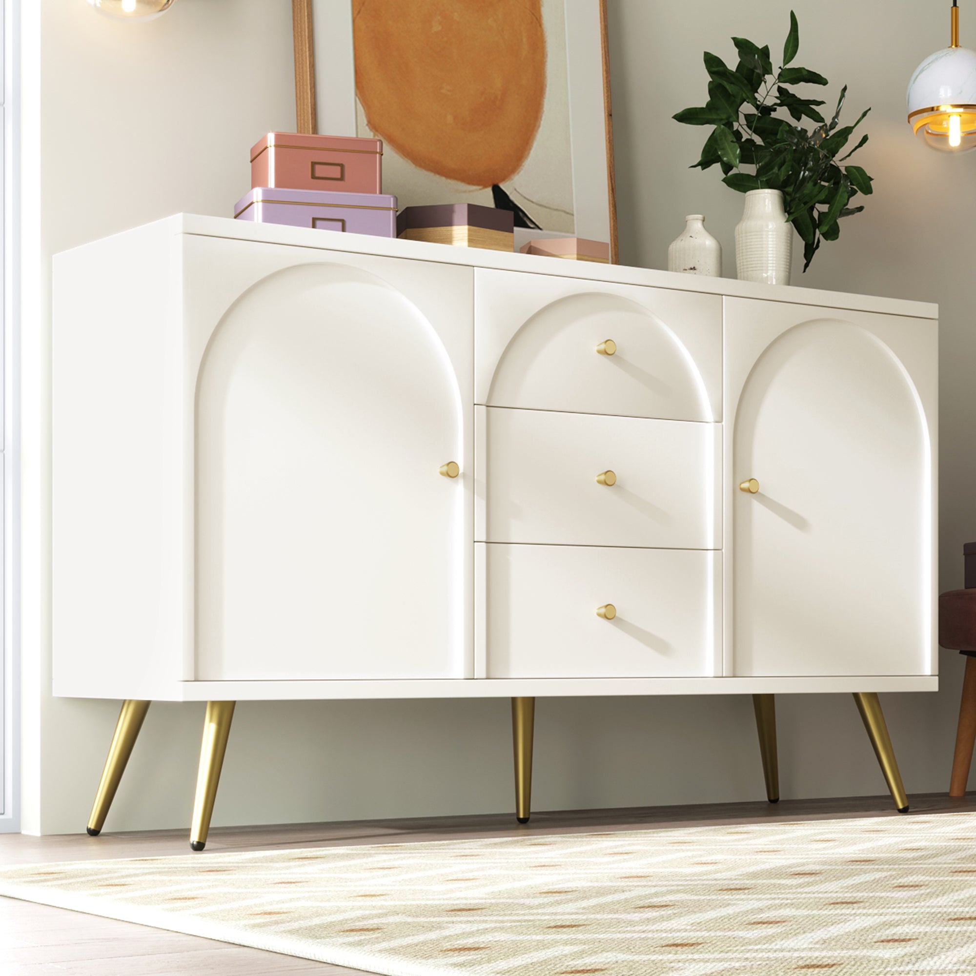 Chest of Drawers, 2 Doors, 3 Drawers, Adjustable Shelf, Cream-White