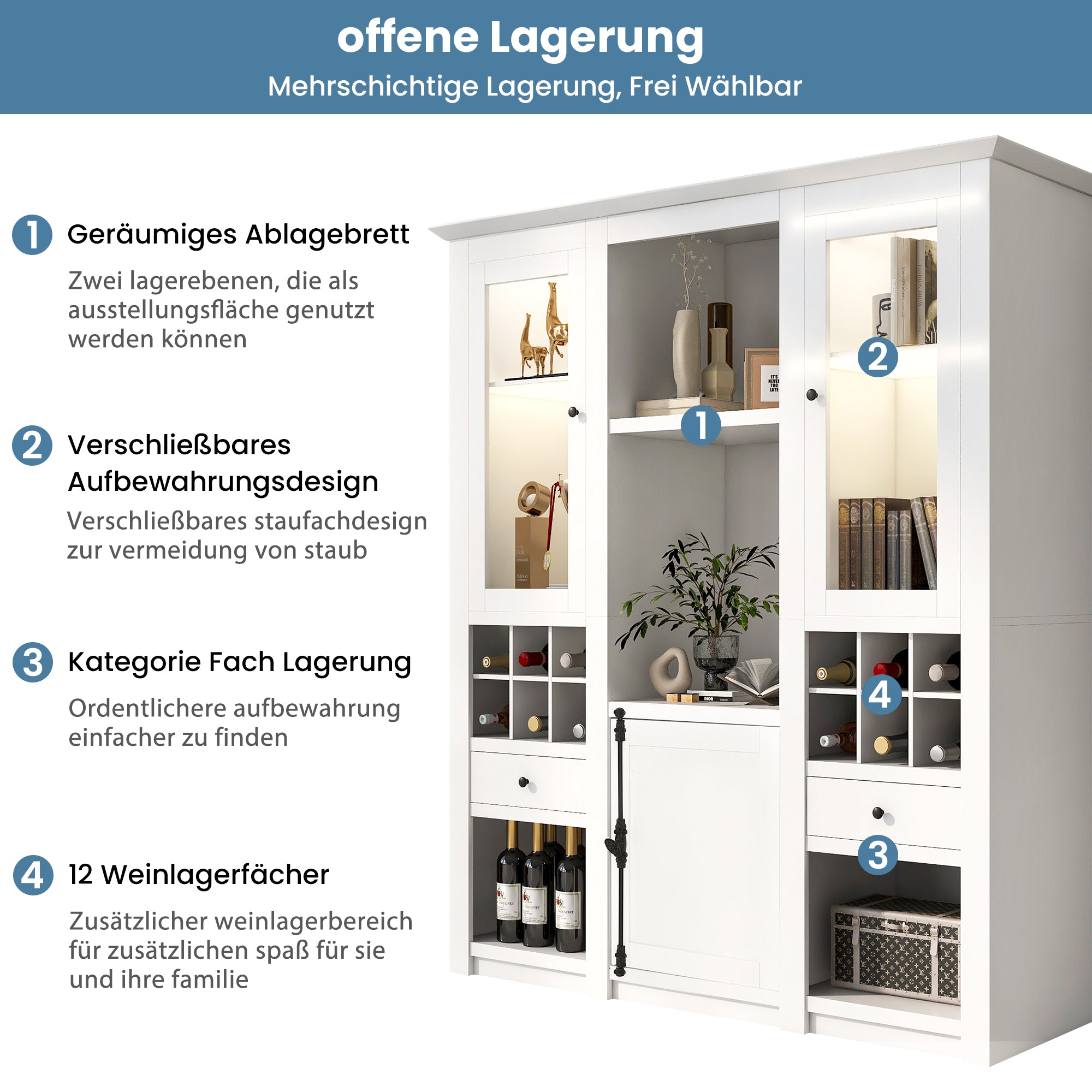 Display Cabinet 3-Piece Set, Freestanding Storage, 7-Color LED Lighting, White