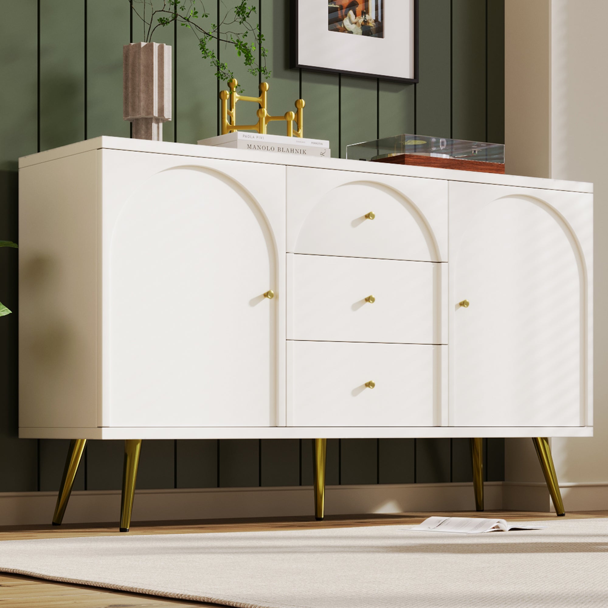 Chest of Drawers, 2 Doors, 3 Drawers, Adjustable Shelf, Cream-White