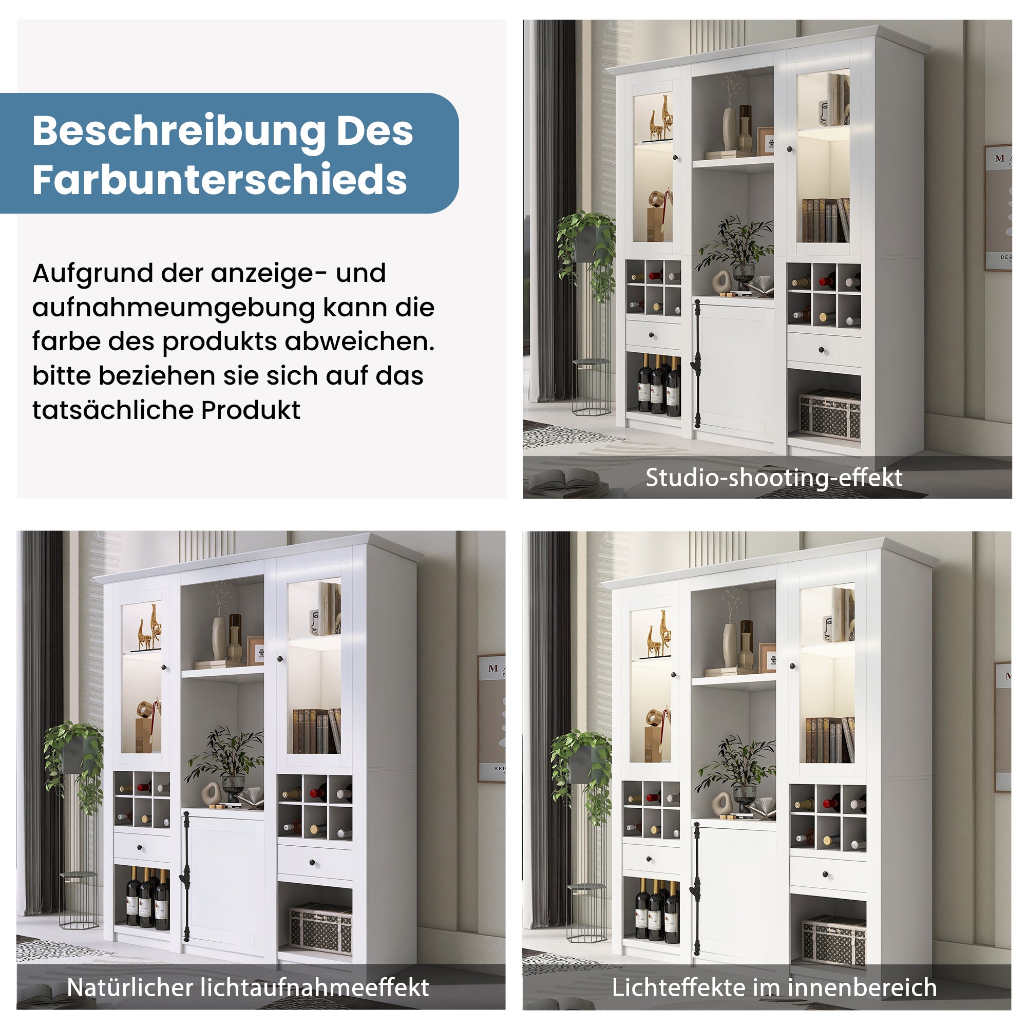 Display Cabinet 3-Piece Set, Freestanding Storage, 7-Color LED Lighting, White