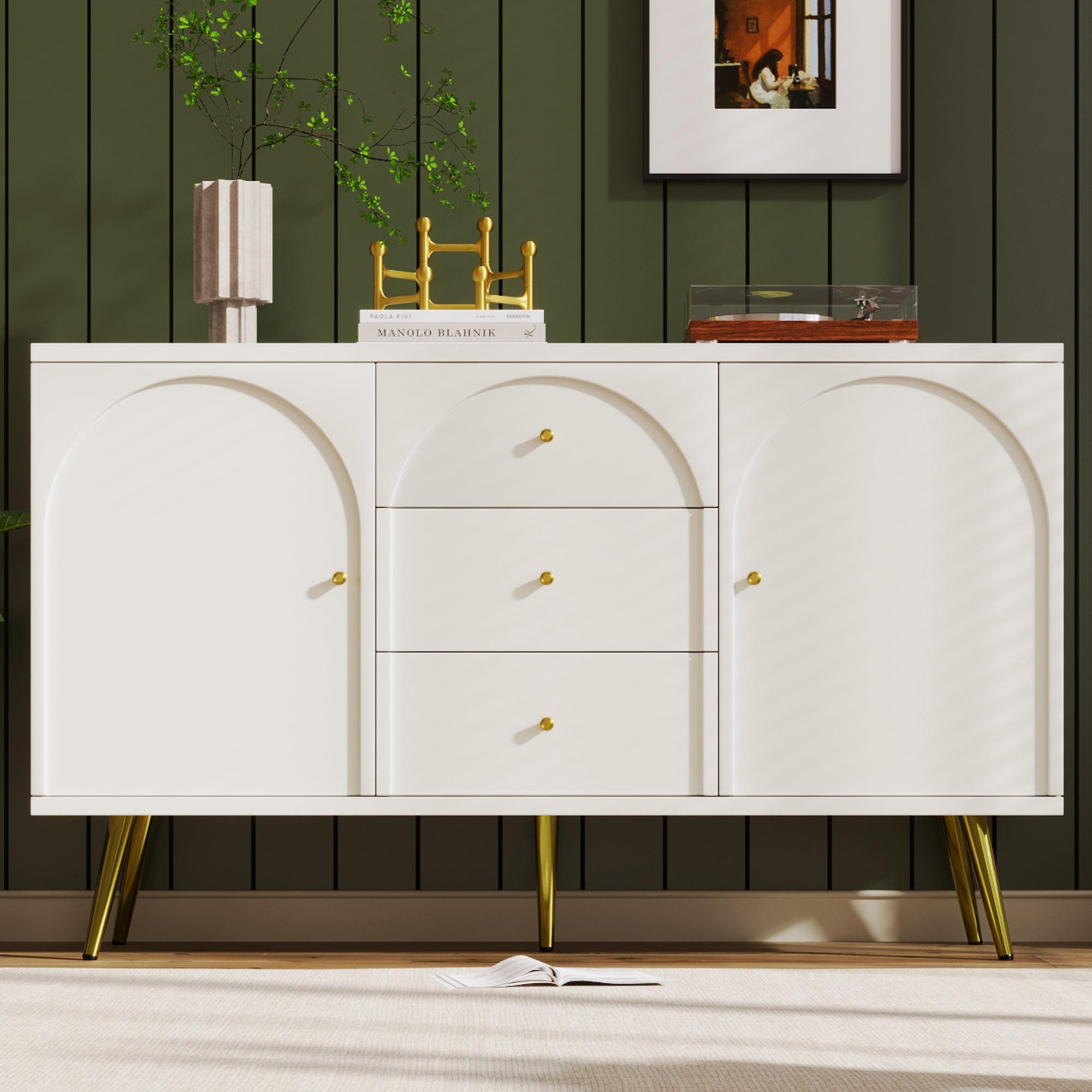 Chest of Drawers, 2 Doors, 3 Drawers, Adjustable Shelf, Cream-White