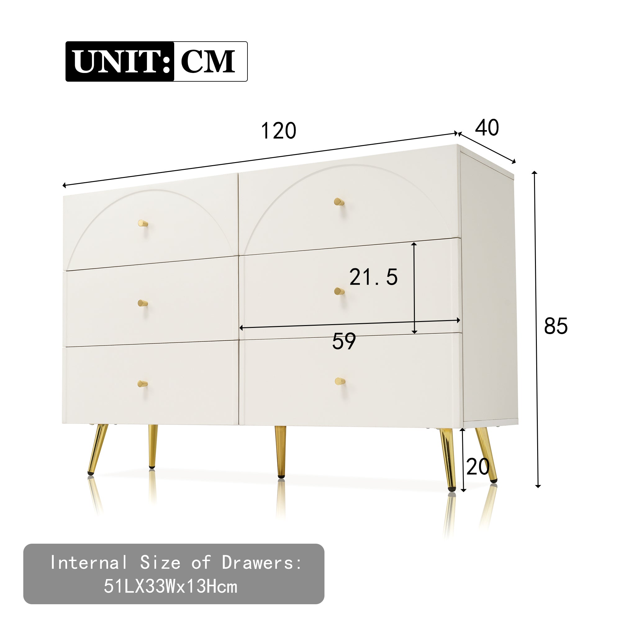 Chest of Drawers, 6-Drawer Sideboard Highboard, Cream-White