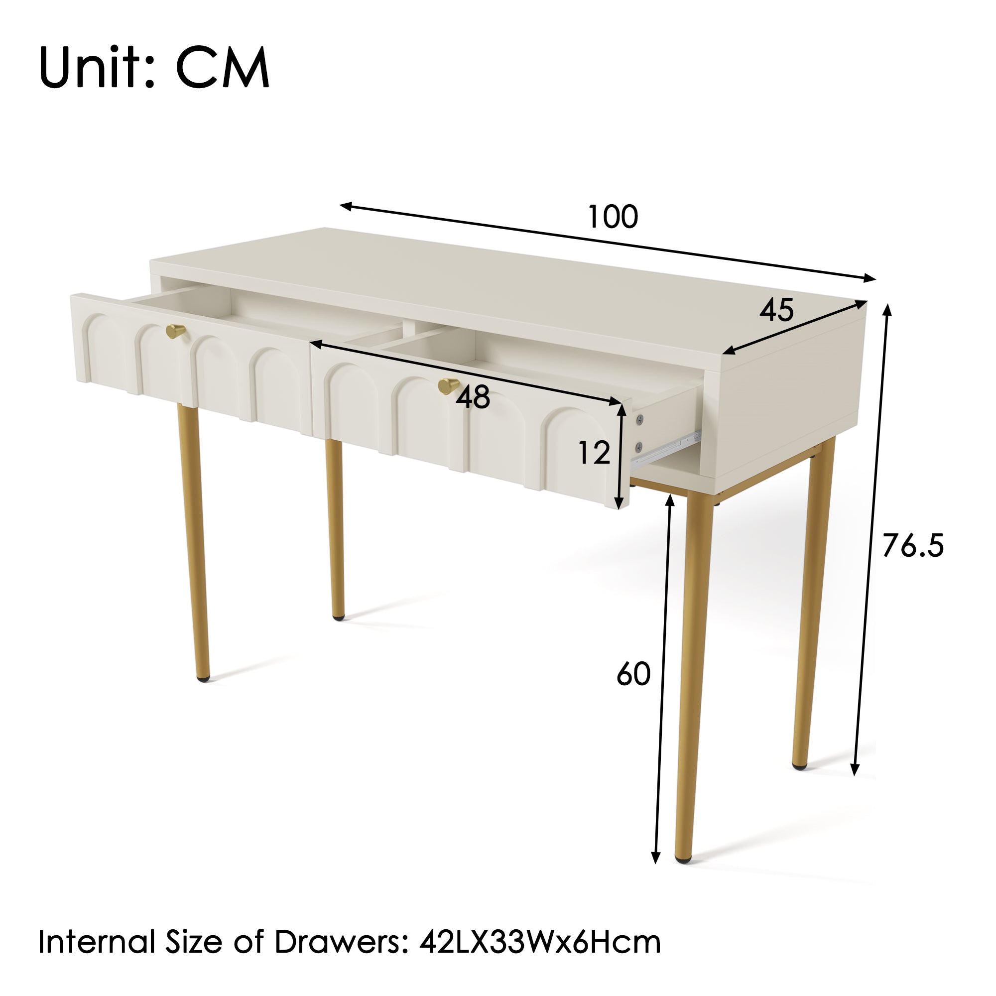 Dressing table 2 drawers 76.5cm height, chest of drawers cream-white