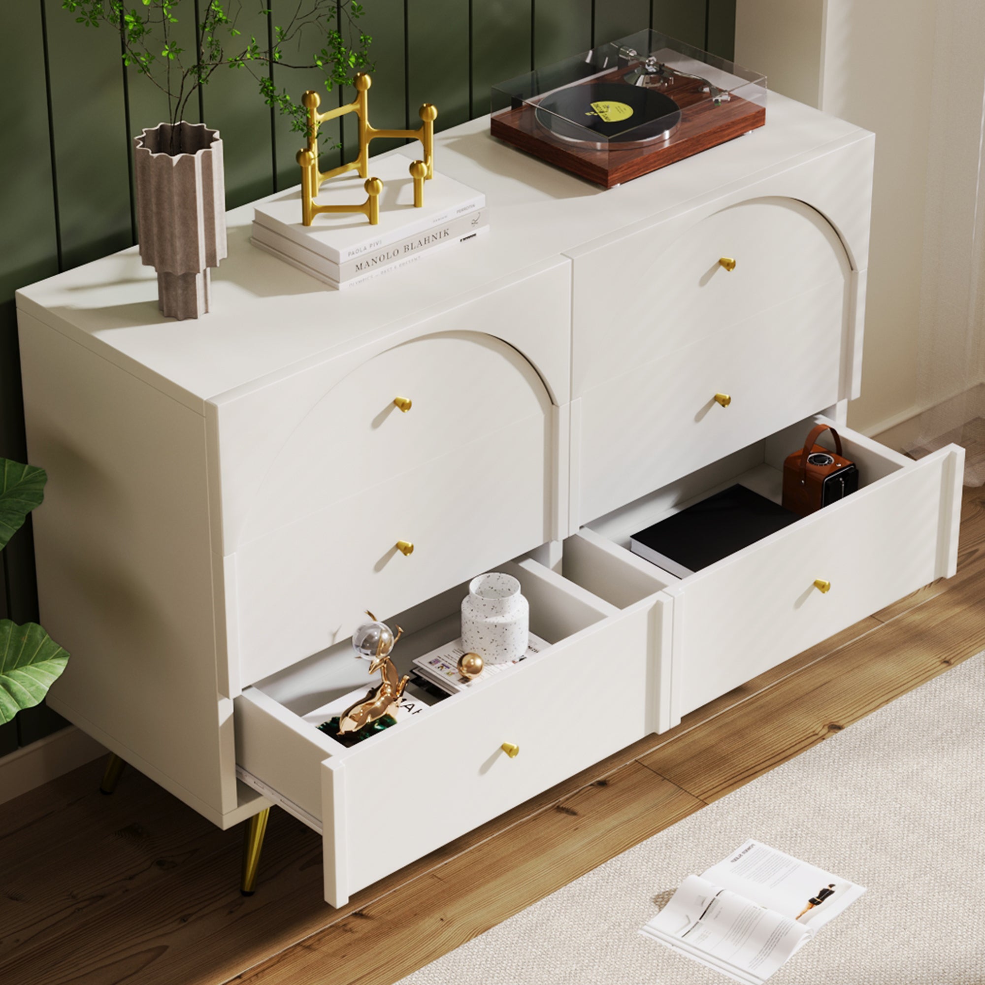 Chest of Drawers, 6-Drawer Sideboard Highboard, Cream-White