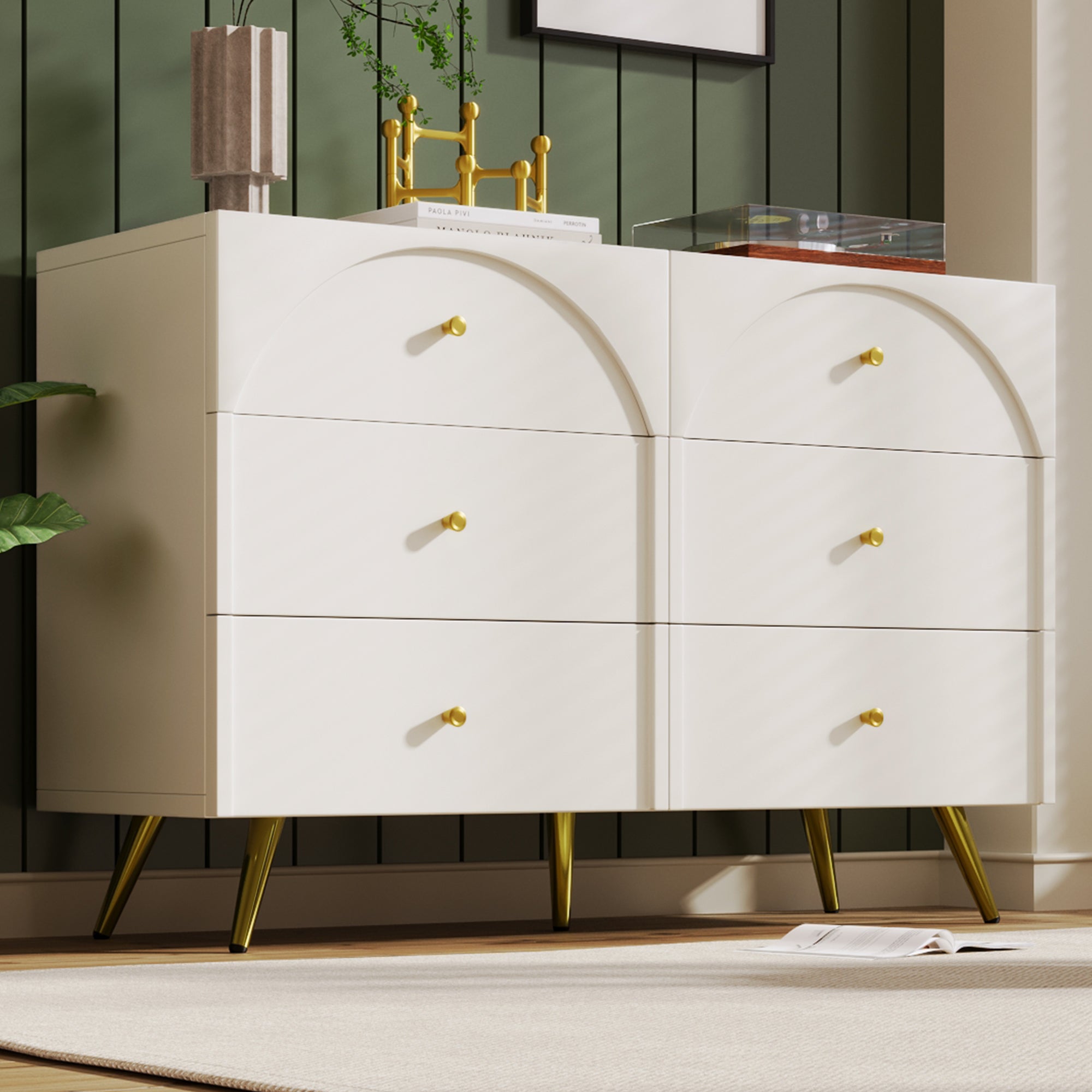 Chest of Drawers, 6-Drawer Sideboard Highboard, Cream-White
