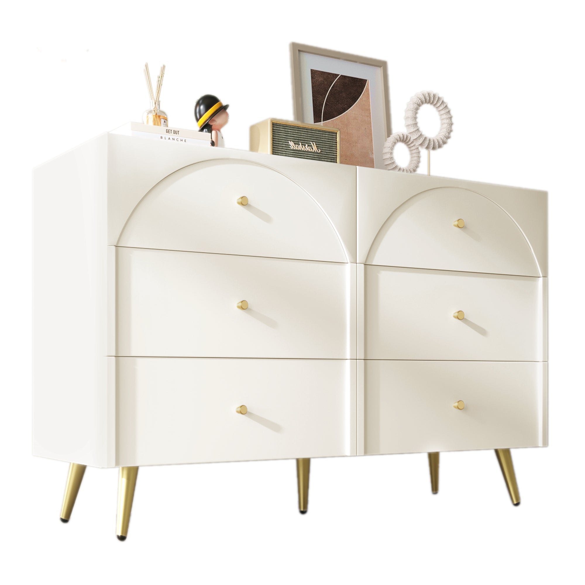 Chest of Drawers, 6-Drawer Sideboard Highboard, Cream-White