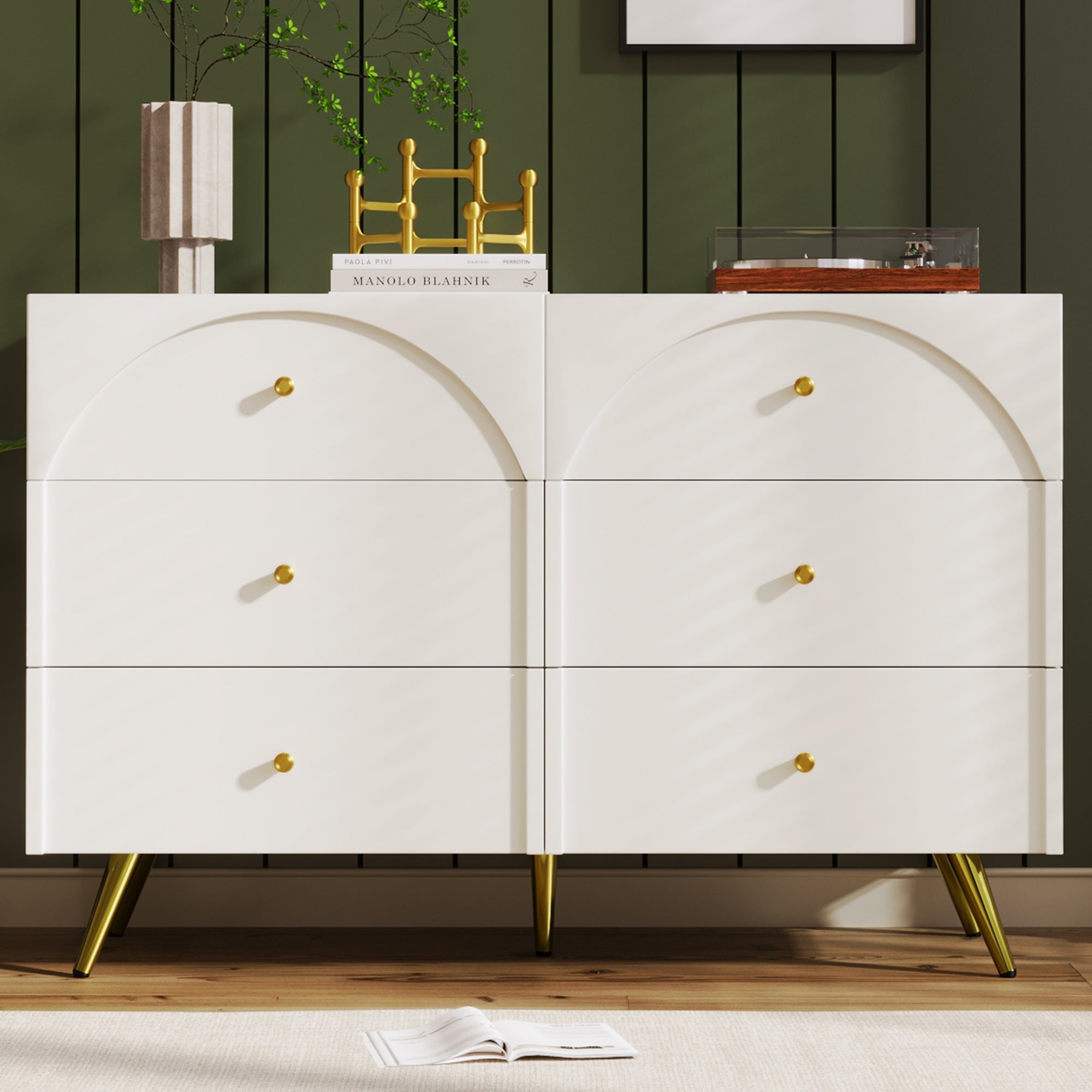 Chest of Drawers, 6-Drawer Sideboard Highboard, Cream-White