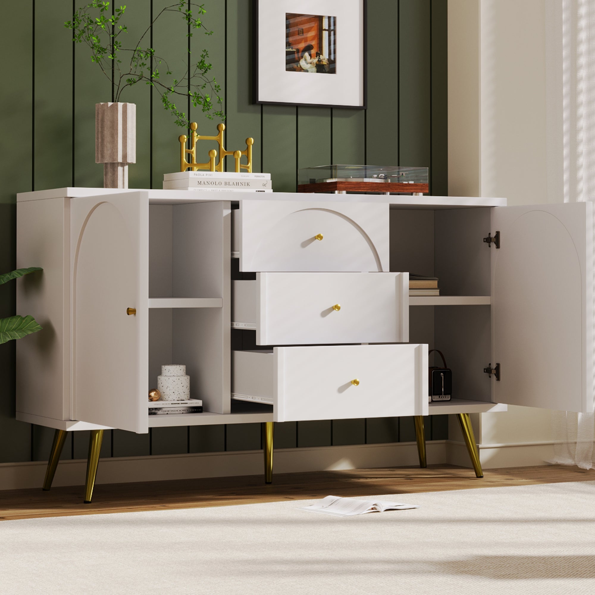 Chest of Drawers, 2 Doors, 3 Drawers, Adjustable Shelf, Cream-White