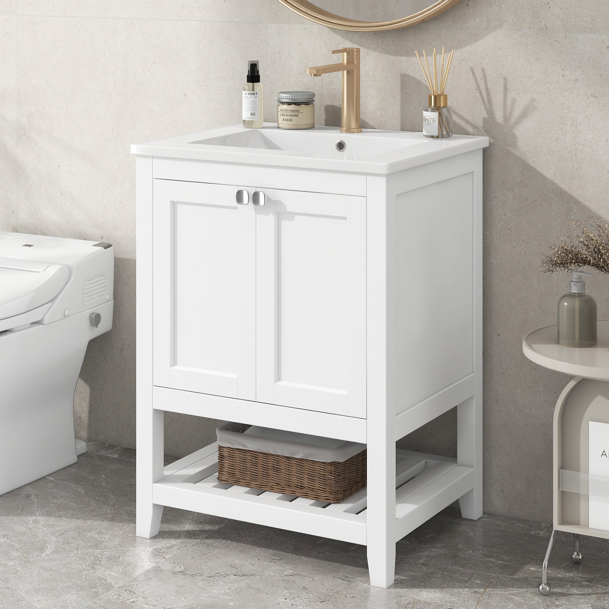 Bathroom Furniture Single Vanity Unit with Base Cabinet 60cm with Ceramic Washbasin, White