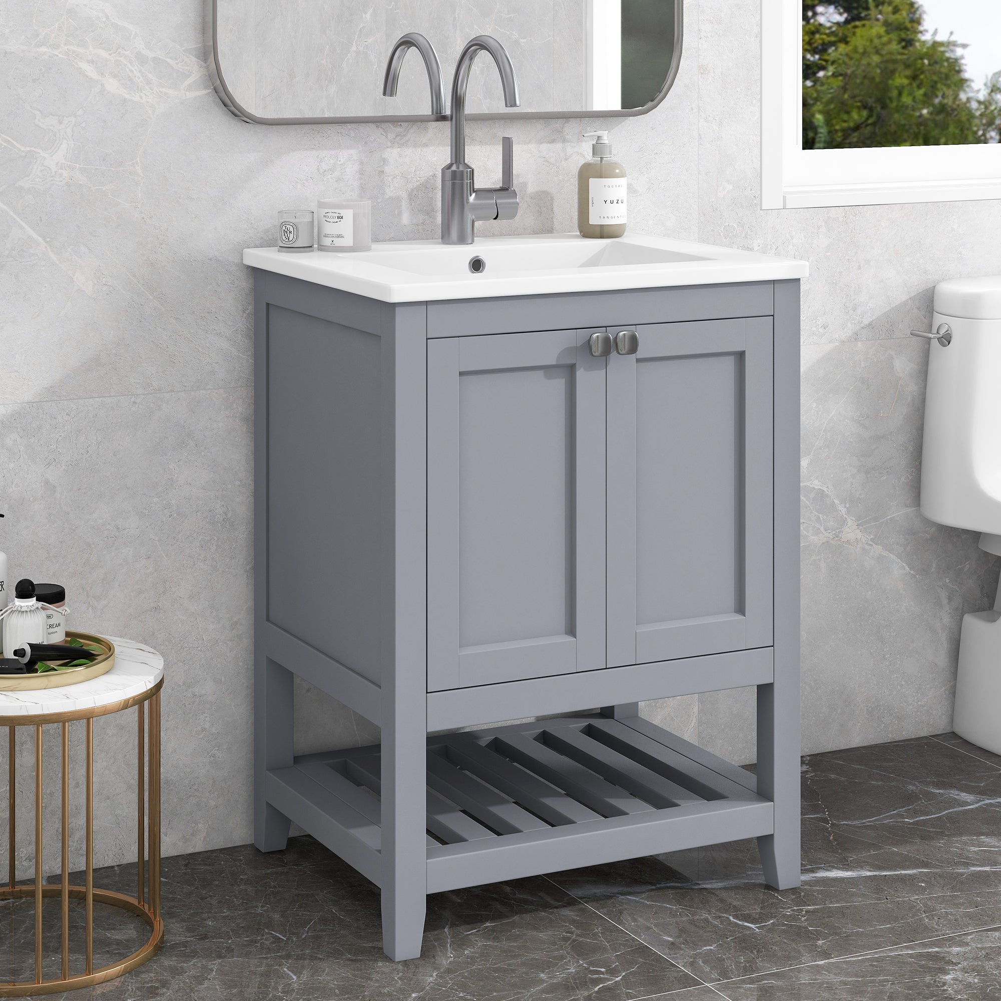 Bathroom Furniture Single Vanity Unit 60cm Ceramic Washbasin, Light Grey