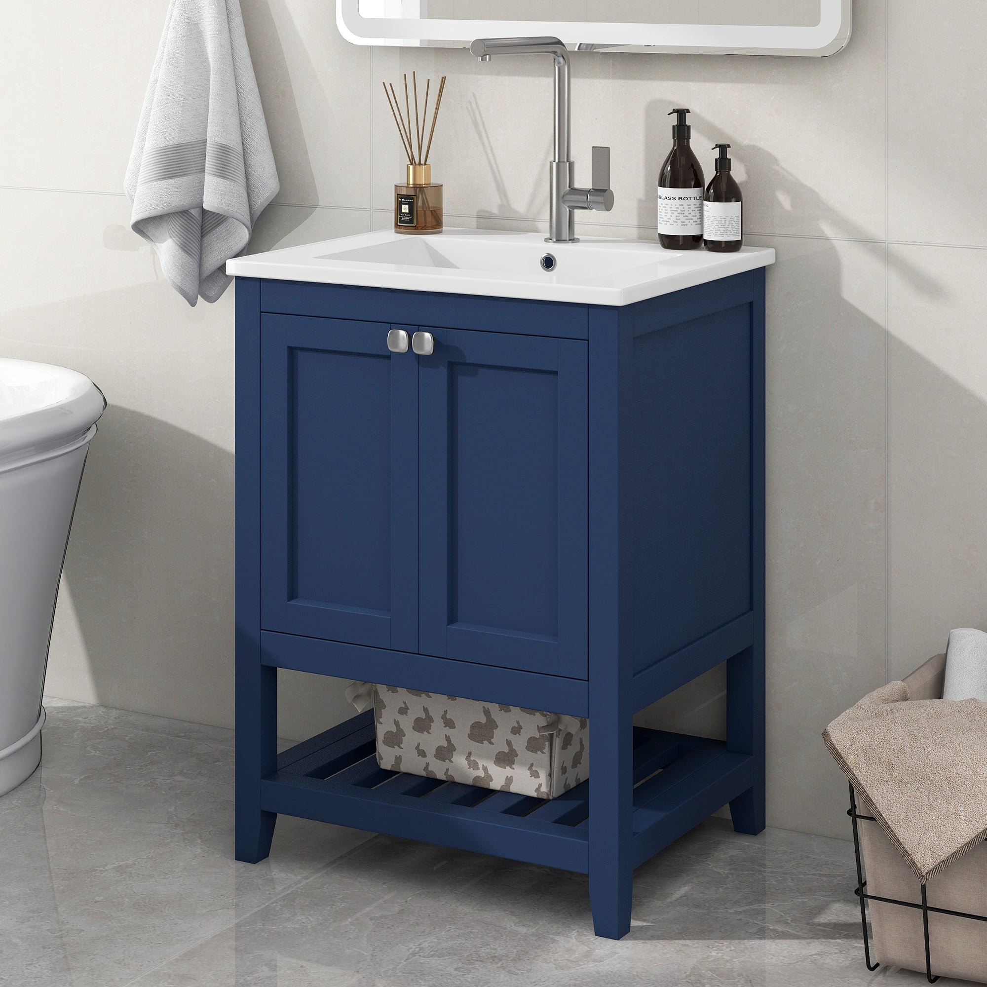 Bathroom Vanity Unit with Base Cabinet 60cm Ceramic Washbasin, Blue