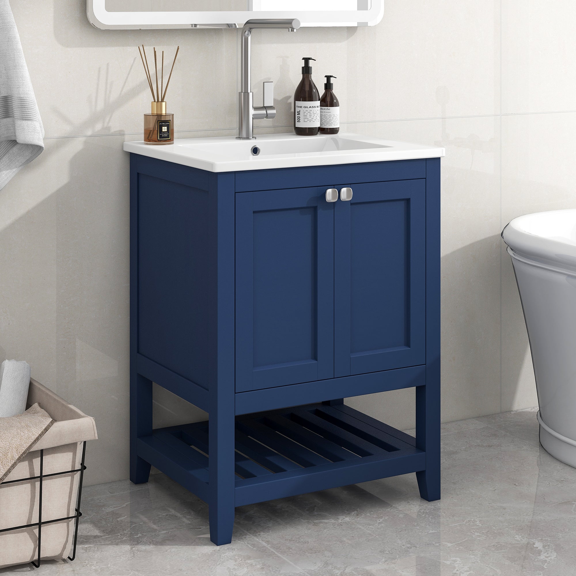 Bathroom Vanity Unit with Base Cabinet 60cm Ceramic Washbasin, Blue