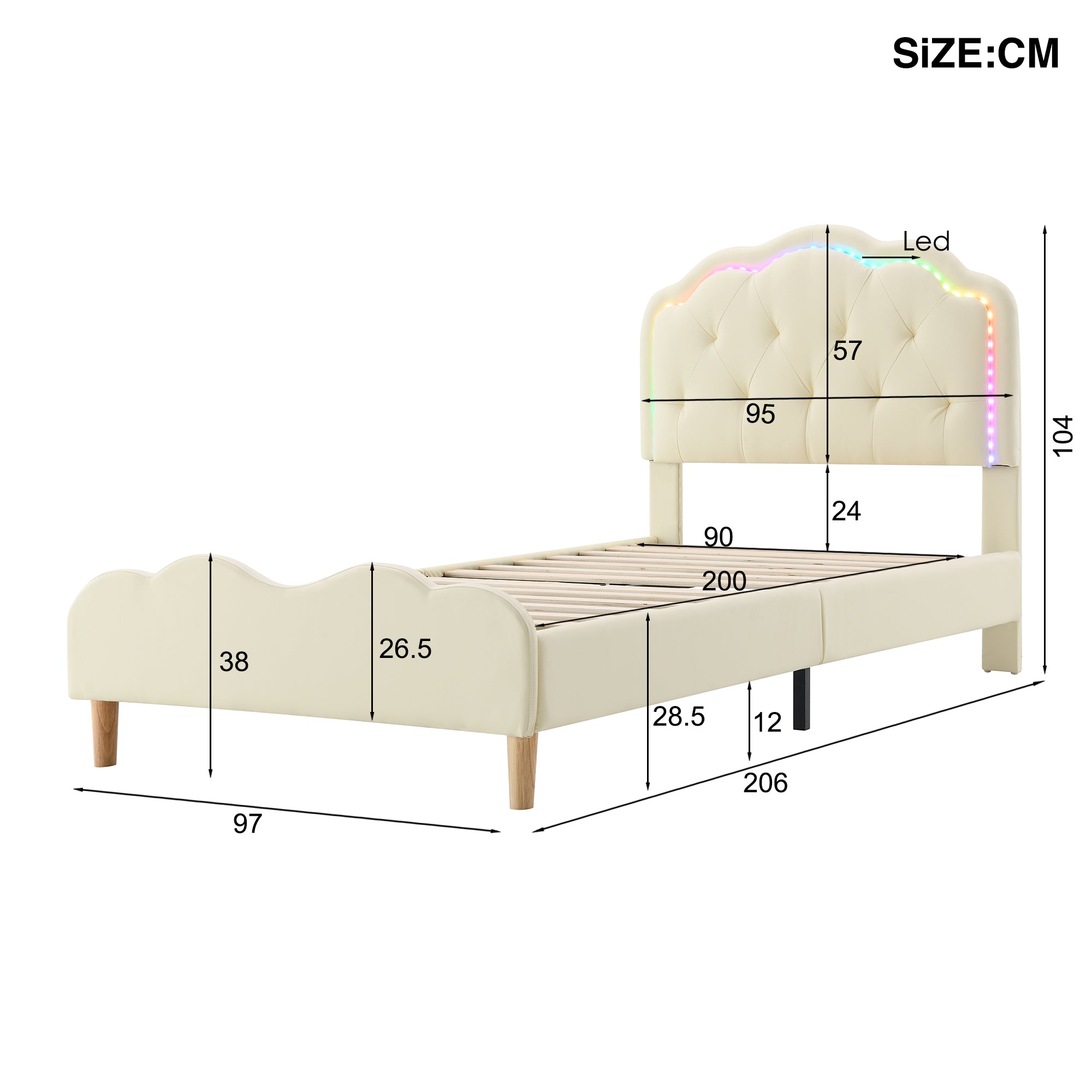 Upholstered bed, wave-shaped headboard, LED strips, wooden slats, white PU, 90x200cm