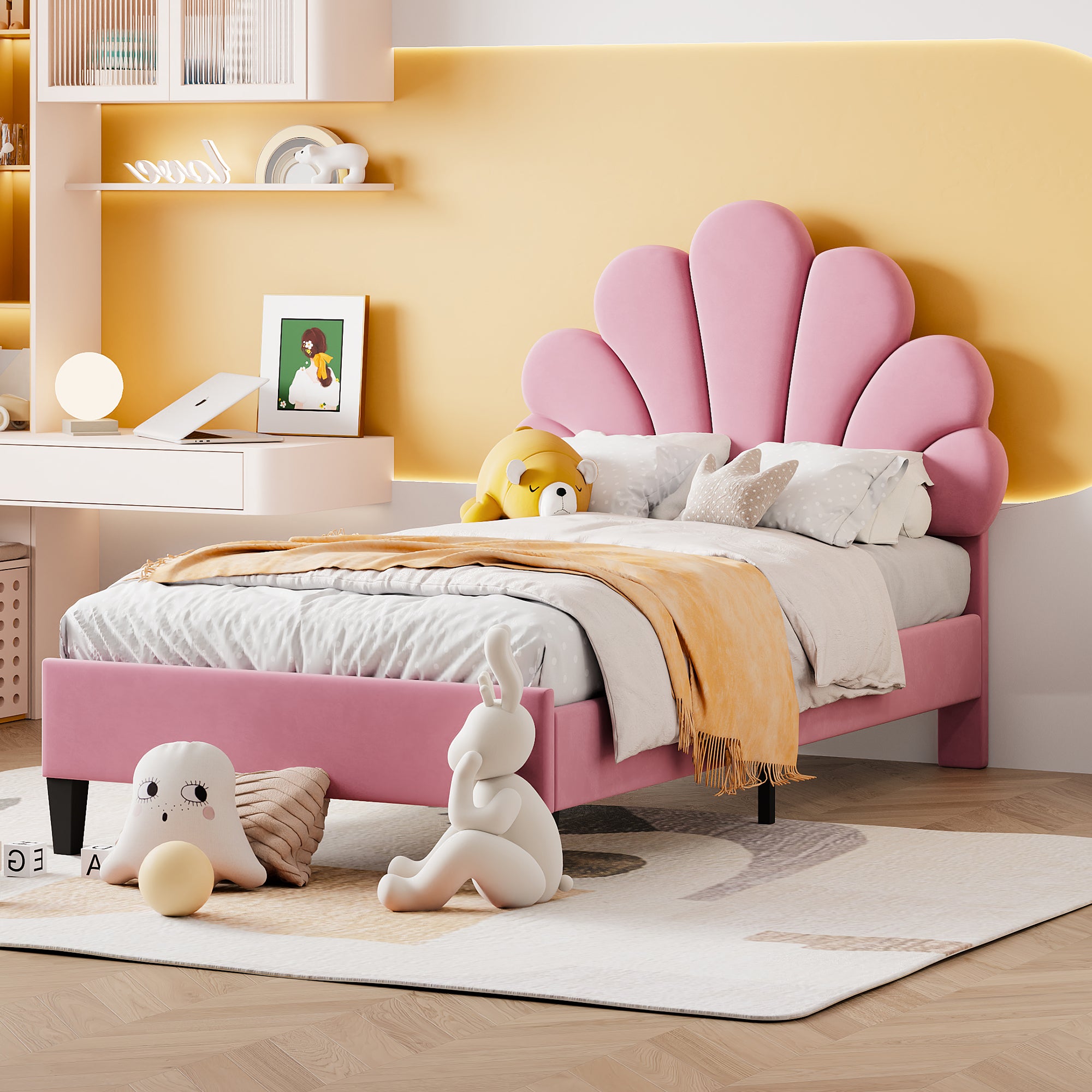 Upholstered Children's Bed 90 x 200 cm, Flower-Shaped Headboard, Pink Velvet