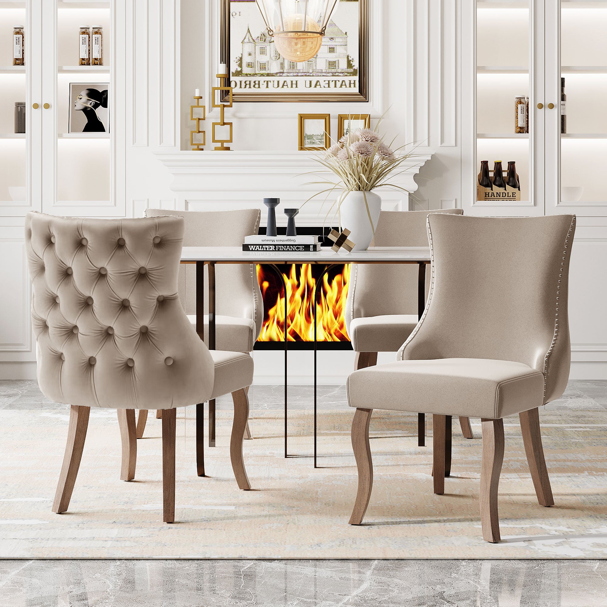 Dining Chair (set of 4), Upholstered with Button Quilting & Nailhead Trim, Velvet Beige