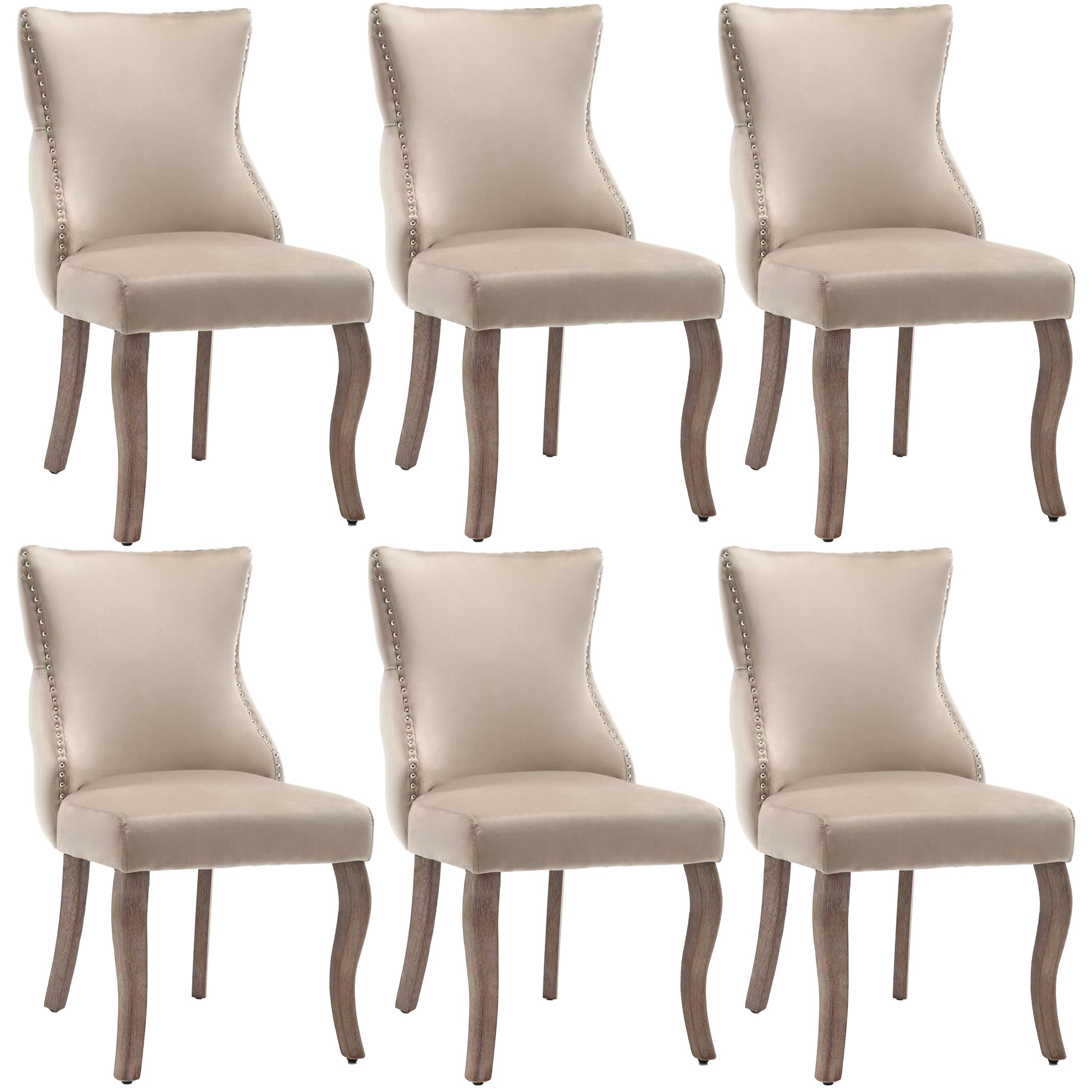 Dining Chair Set of 6 Upholstered Button Tufting Nailhead Trim Curved Solid Wood Legs Beige Velvet