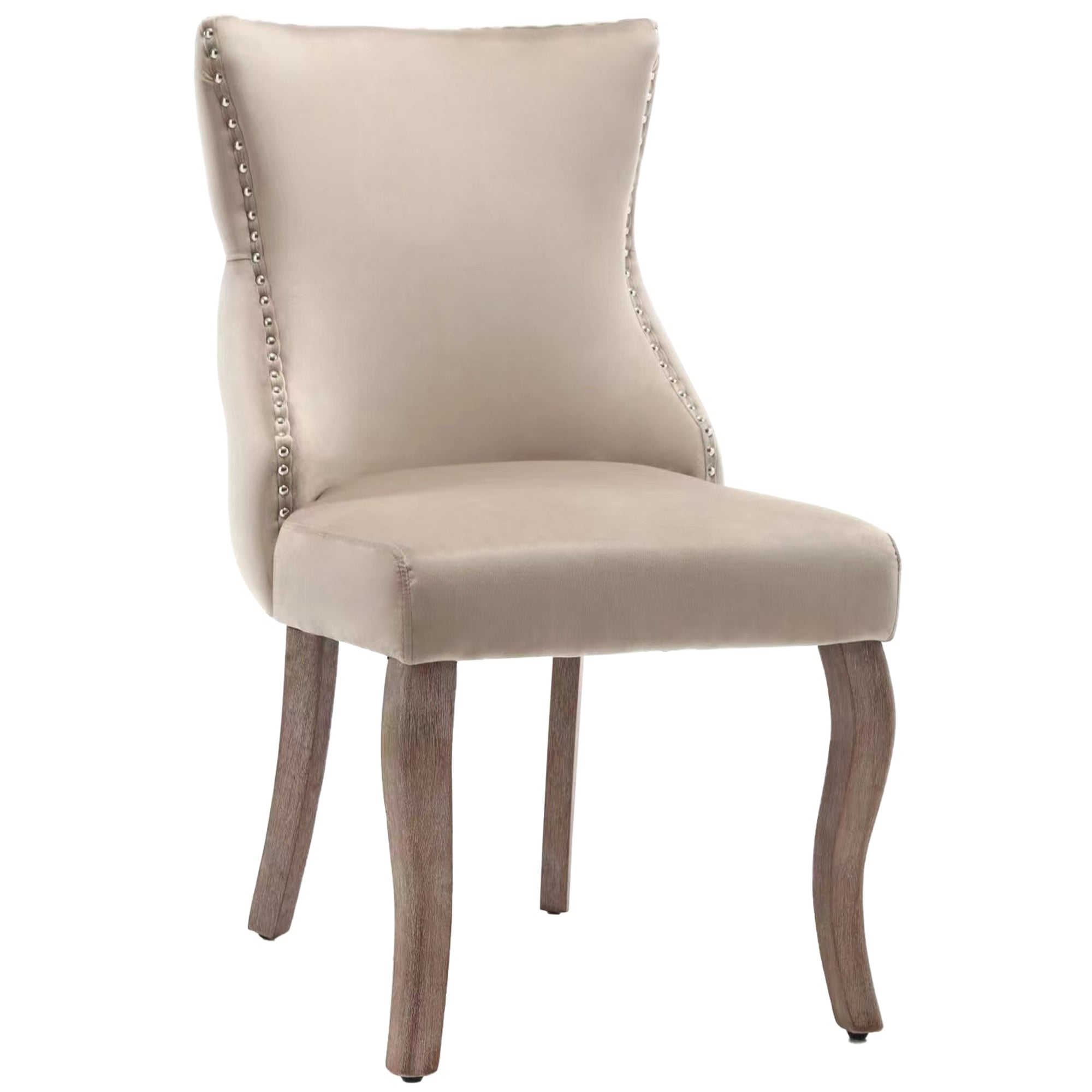 Dining Chair Set of 6 Upholstered Button Tufting Nailhead Trim Curved Solid Wood Legs Beige Velvet