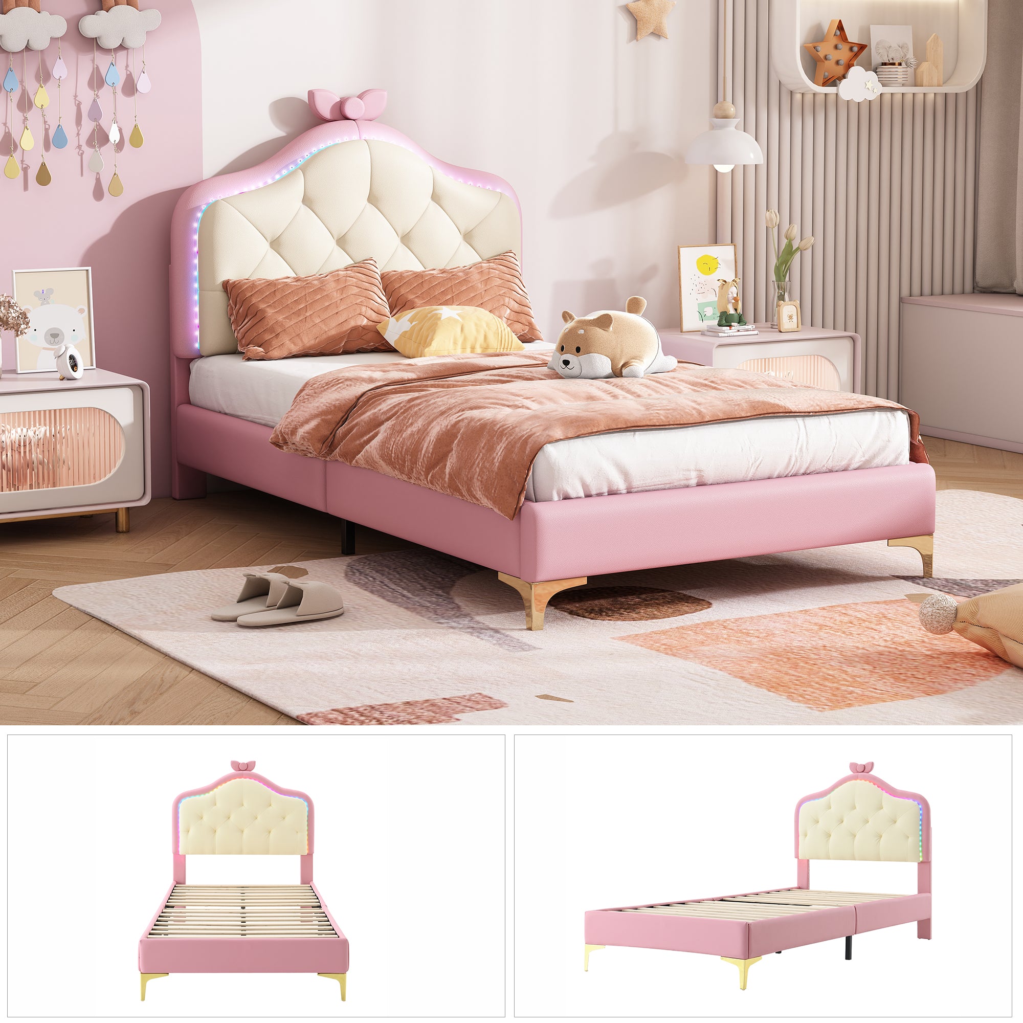 Upholstered Single Bed, Wave Headboard LED Strips 90x200cm, Pink PU