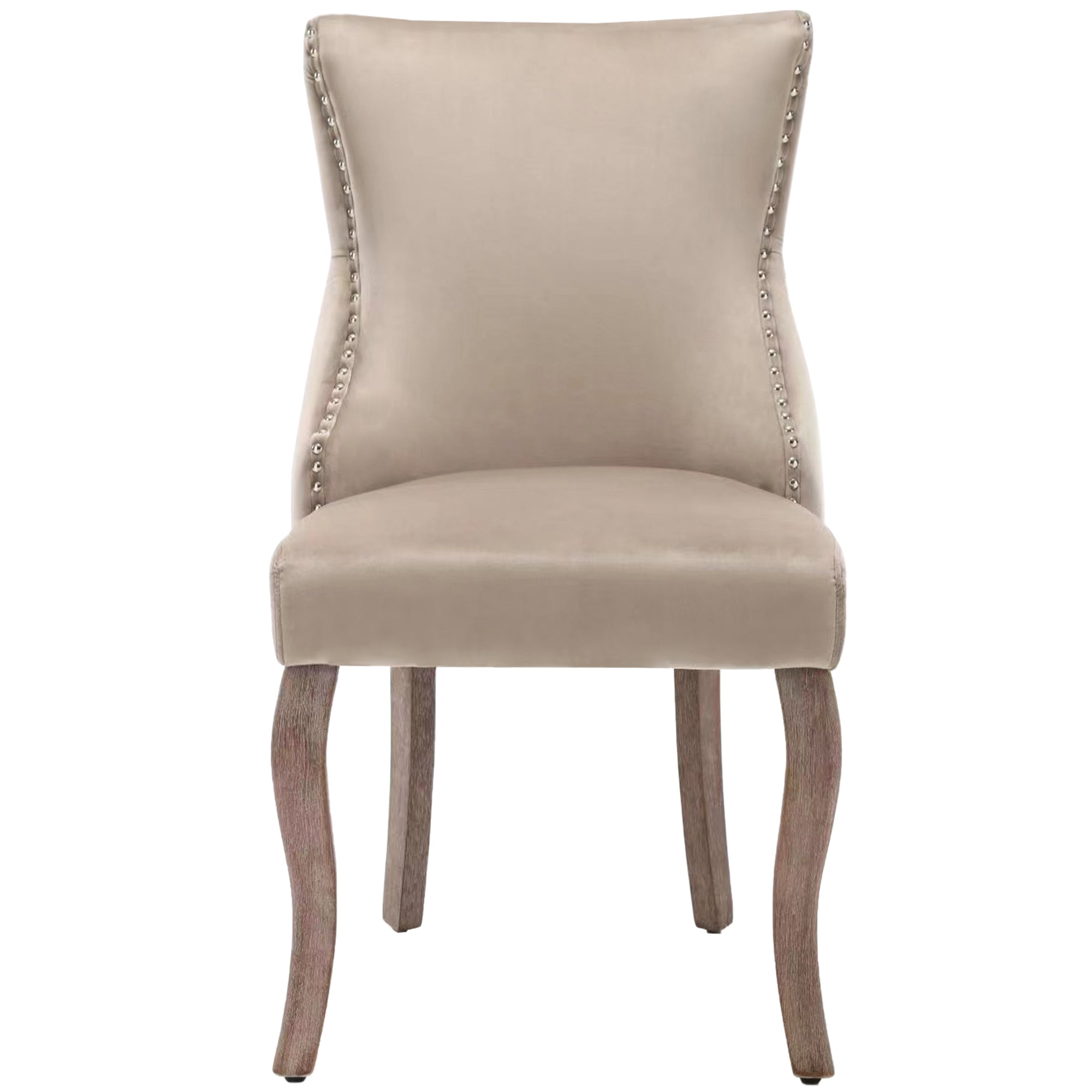 Dining Chair Set of 6 Upholstered Button Tufting Nailhead Trim Curved Solid Wood Legs Beige Velvet