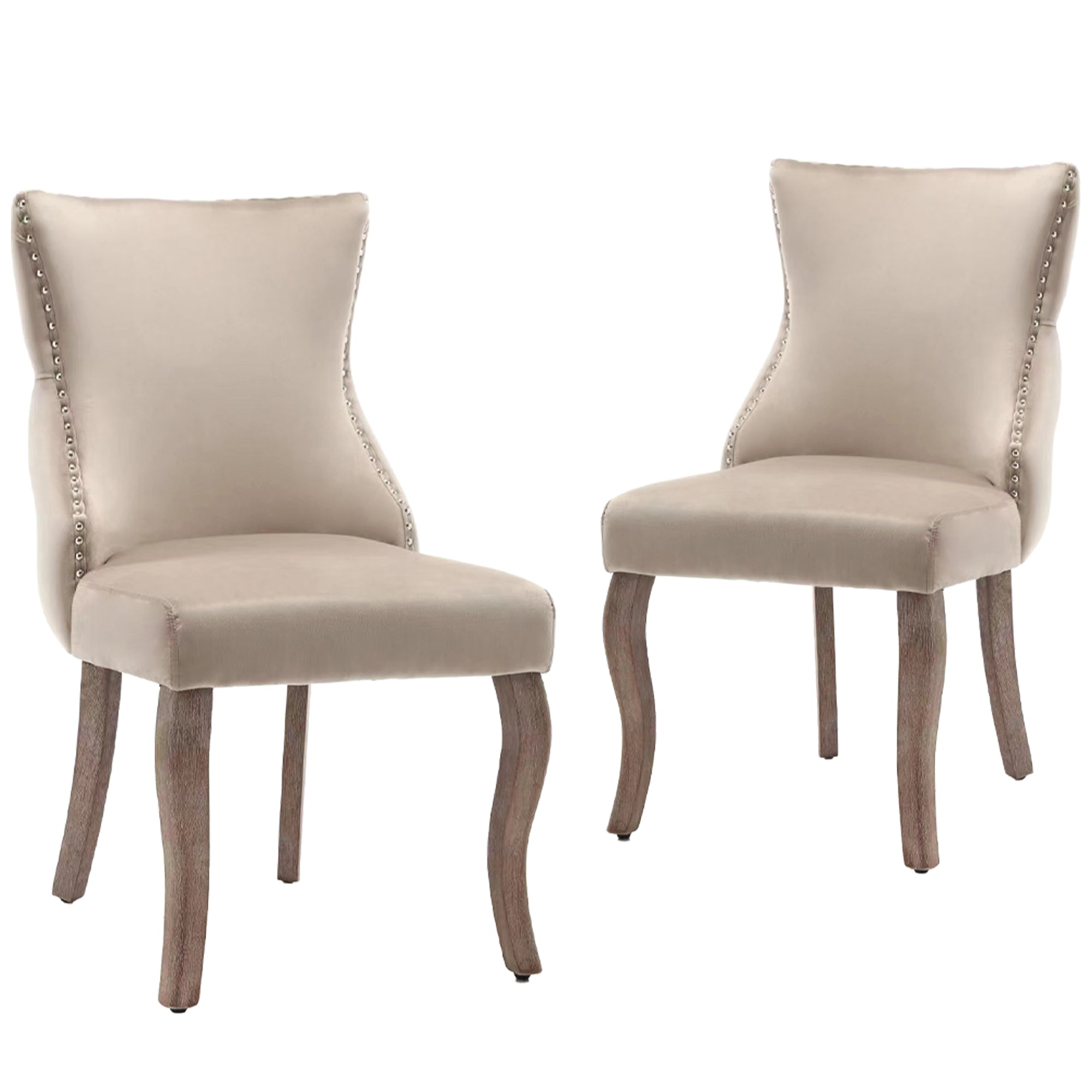 Dining Chair Set of 6 Upholstered Button Tufting Nailhead Trim Curved Solid Wood Legs Beige Velvet