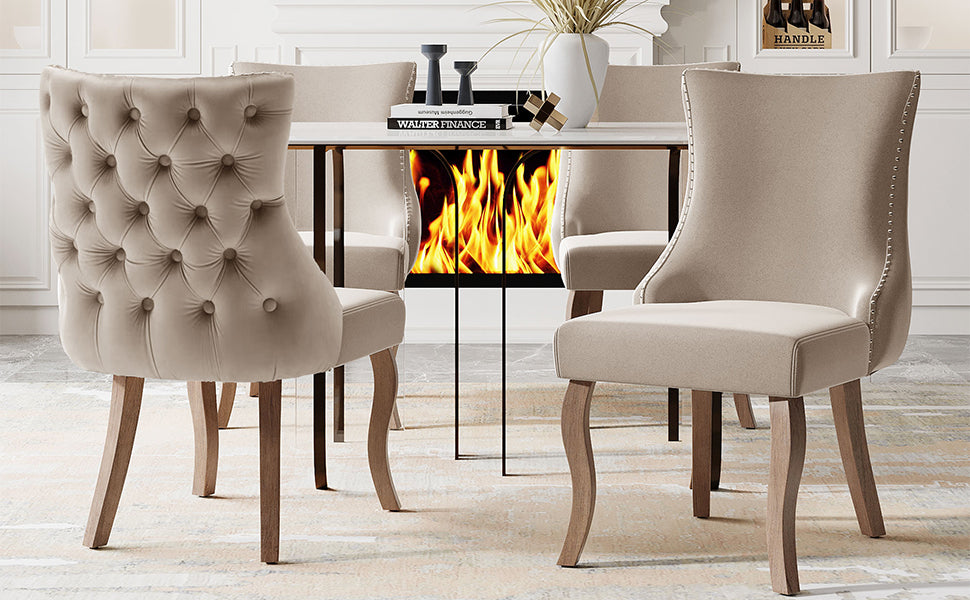 Dining Chair Set of 4 Button Tufting, Nailhead Trim, Curved Solid Wood Legs - Beige Velvet