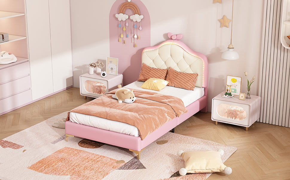 Upholstered Single Bed, Wave Headboard LED Strips 90x200cm, Pink PU