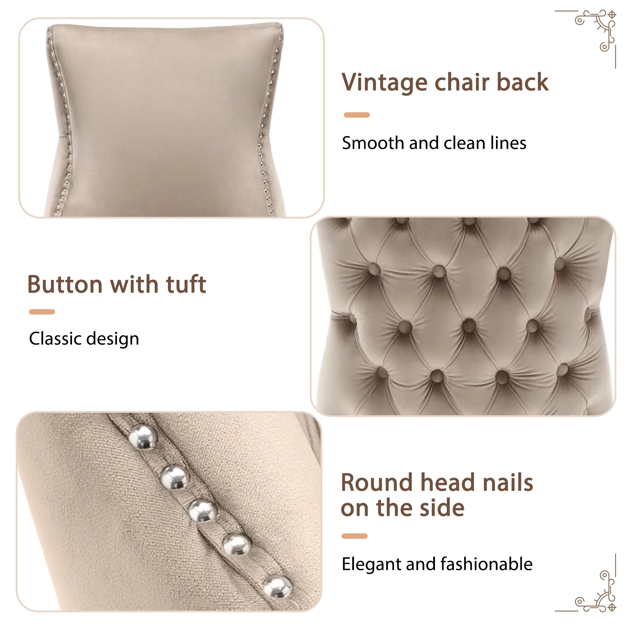 Dining Chair Set of 6 Upholstered Button Tufting Nailhead Trim Curved Solid Wood Legs Beige Velvet