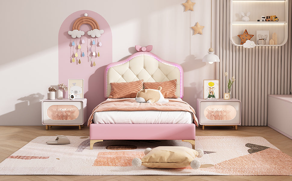 Upholstered Single Bed, Wave Headboard LED Strips 90x200cm, Pink PU