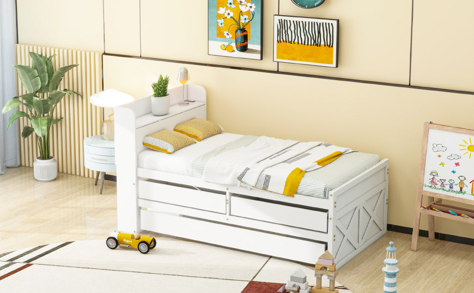 Single Bed, 90x190 Multifunctional with Drawer & USB Bedside Table, White Pine