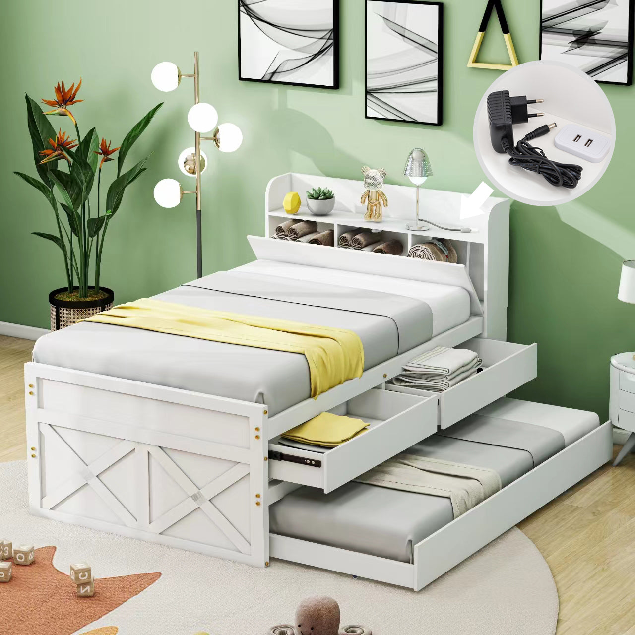 Single Bed 90x190cm Multifunctional Pull-out Drawer Bedside Table USB - Solid Pine Wood White