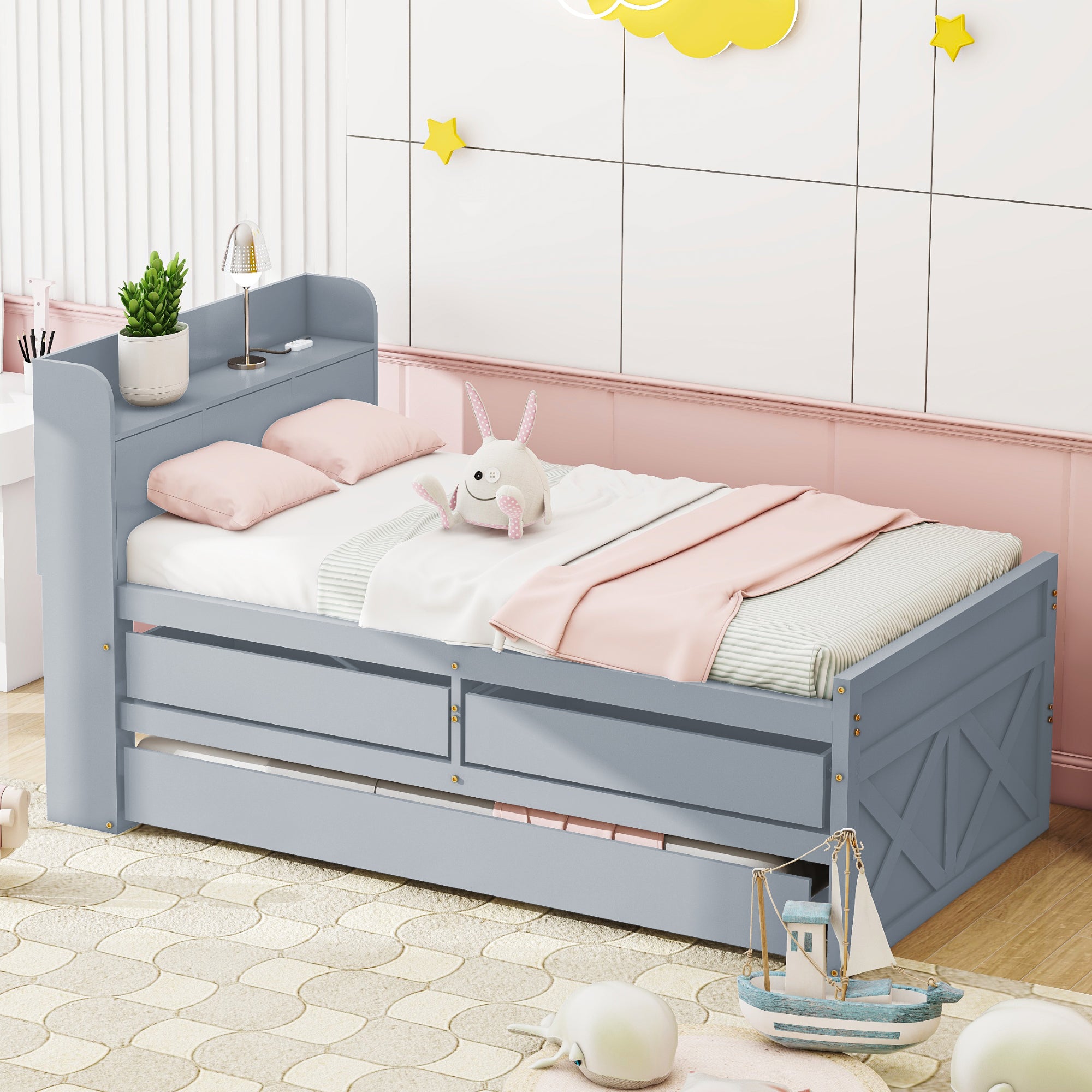 Single Bed, 90x190 Multifunctional with Drawer & USB, Gray Pine